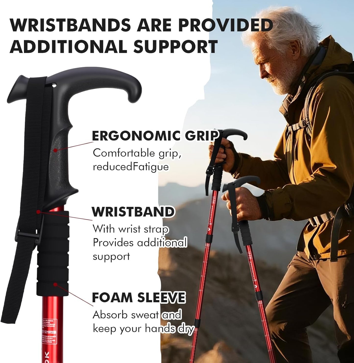 Telescopic Walking Cane 43 Inch with Anti-Shock & T-Grip Handle - 7075 Aluminum Quick Lock Trekking Pole, Ultralight for Hiking, Camping, Mountaineering