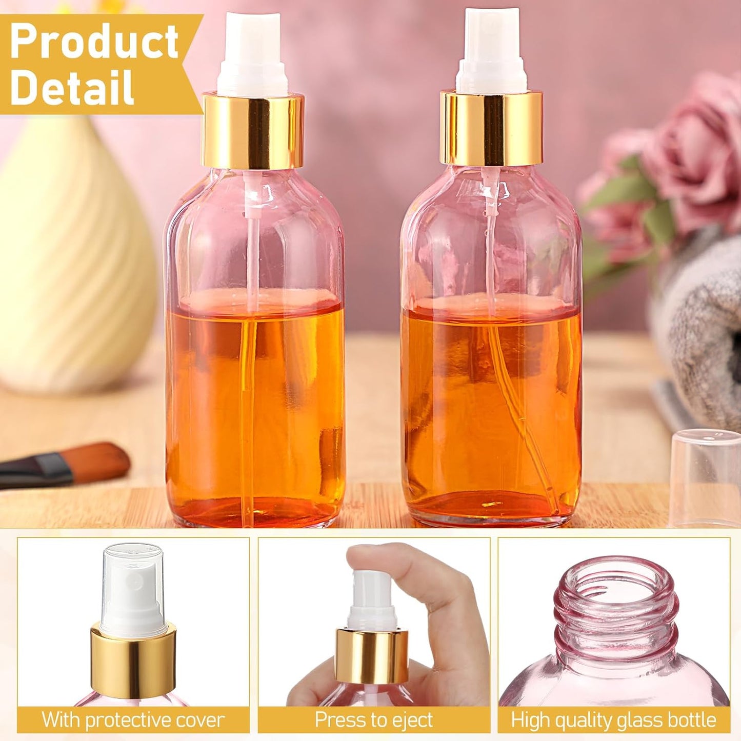 Maxcheck 50 Pieces 4oz Small Glass Spray Bottles for Essential Oil Empty Spray Mist Bottle Empty Fine Mist and Refillable Mister Refillable Liquid Containers for Perfumes, Cleaning(Pink, Gold)