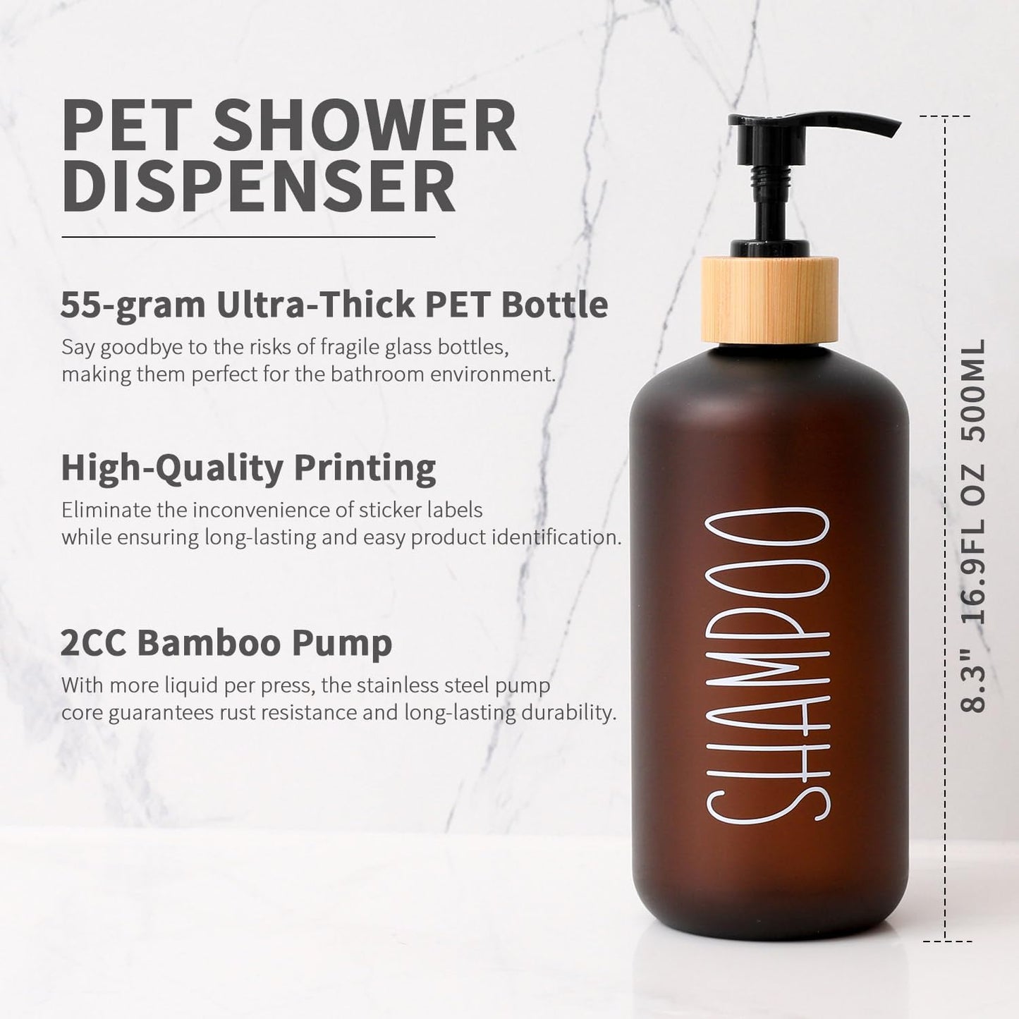 MOMEEMO Amber Shower Dispenser Set, Contains 3 Extra-Thick PET Plastic Bottles with Bamboo Pumps, Shampoo and Conditioner Dispenser for Shower Perfect for Modern Bathroom Decor. (Amber)