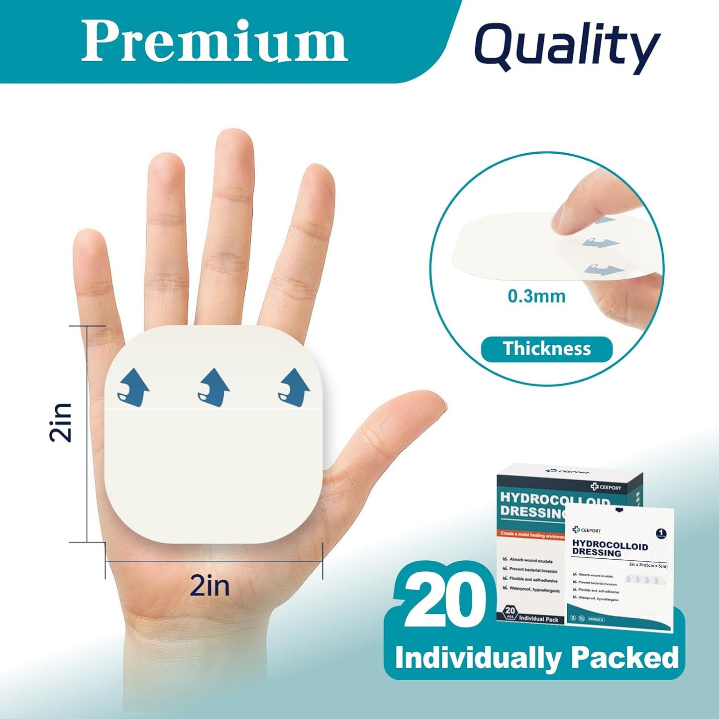 20 Pack Hydrocolloid Wound Dressing, 2" x 2" Ultra Thin Hydrocolloid Bandages with Self-Adhesive, Waterproof Hydrocolloid Patch for Bed Sore, Mild Burn, Blister, Acne Care