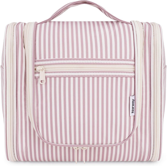 Narwey Striped Hanging Travel Toiletry Bag for Women, Travel Bag for Toiletries, Makeup Bag Organizer Cosmetic Bags Make Up Bags for Women (Dusty Rose Stripe)