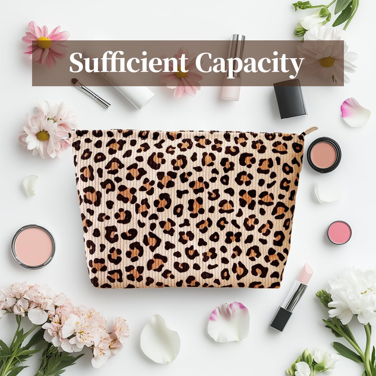 Leopard Print Corduroy Makeup Bag for Women – Soft Cosmetic Travel Pouch with Zipper Closure, Large Toiletry Organizer with Lining, Stylish Animal Print Makeup Case for Purse or Travel