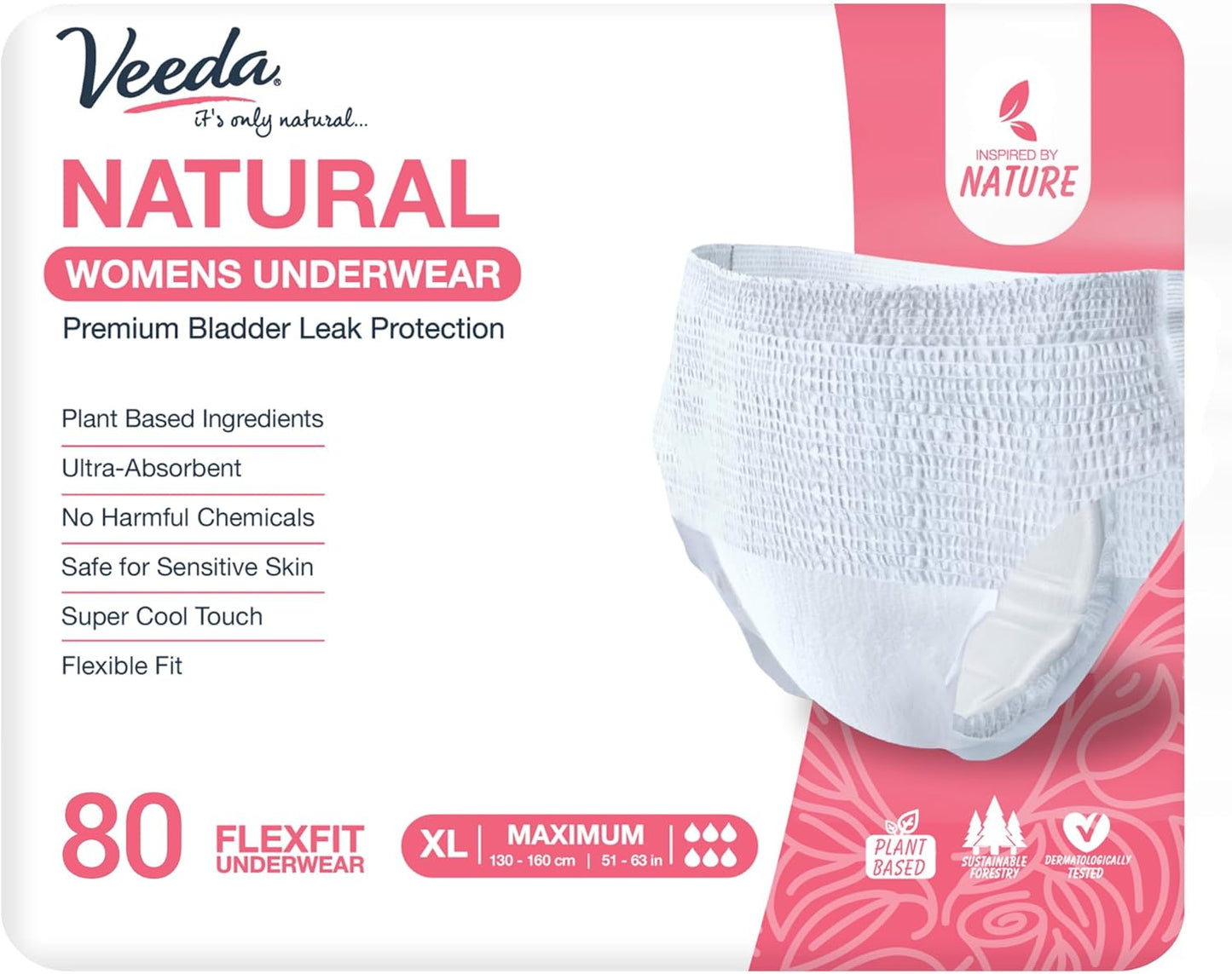Veeda Natural Adult Incontinence Underwear for Women - Postpartum Underwear for Bladder Leakage Protection - Disposable Underwear with Maximum Absorbency - X-Large Size - 80 Count