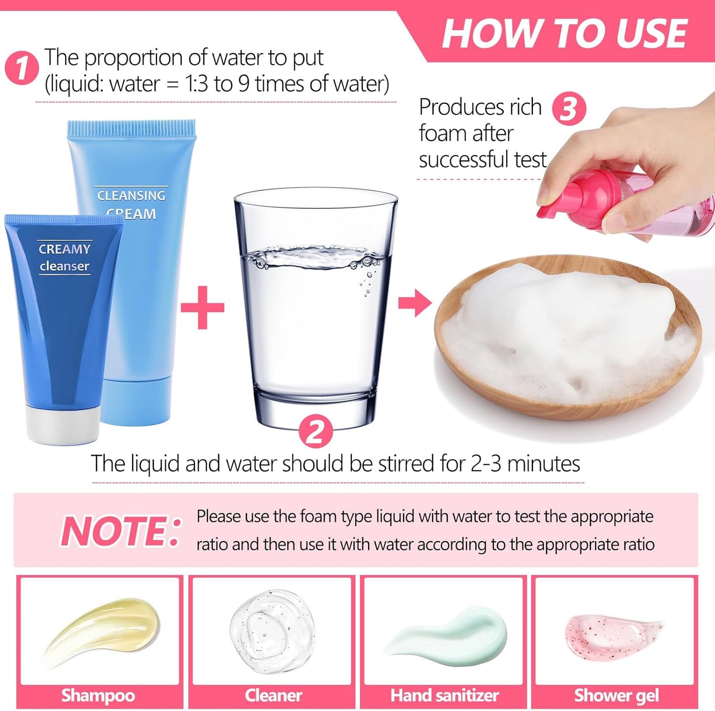 Dandat 120 Pcs 2 oz Plastic Foam Soap Dispensers Bulk Refillable Foaming Pump Bottle Empty Mini Shampoo Lash Cleaning Bottles for Travel Cosmetics Hand Soap(Pink)