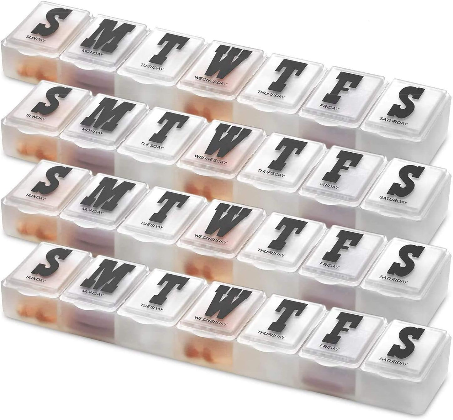 Pill Organizers - Pack of 4 Bold Letter Weekly Pill Planners for 28 Days Total to Separate Supplements, Fish Oils & Vitamins Daily Medication Reminder for Travel & Purse