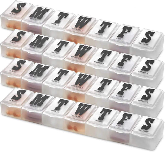 Pill Organizers - Pack of 4 Bold Letter Weekly Pill Planners for 28 Days Total to Separate Supplements, Fish Oils & Vitamins Daily Medication Reminder for Travel & Purse