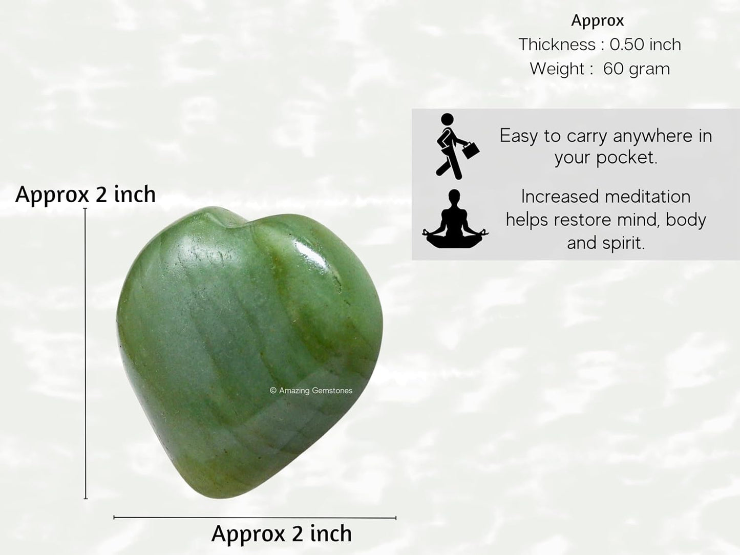 Amazing Gemstone Light Green Aventurine Crystal Heart Palm Stone - Pocket Massage Worry Stone for Natural Body Chakra Balancing, Reiki Healing and Crystal Grid