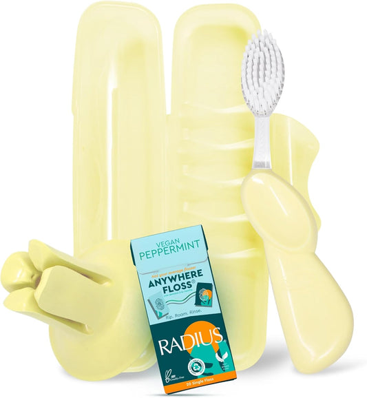 RADIUS Vacation Pastel Bundle, Includes Right Handed Big Brush, Toothbrush Travel Case, DOC Toothbrush Holder, Anywhere Travel Floss Packette, Lemon Meringue Yellow, 4 Piece Bundle