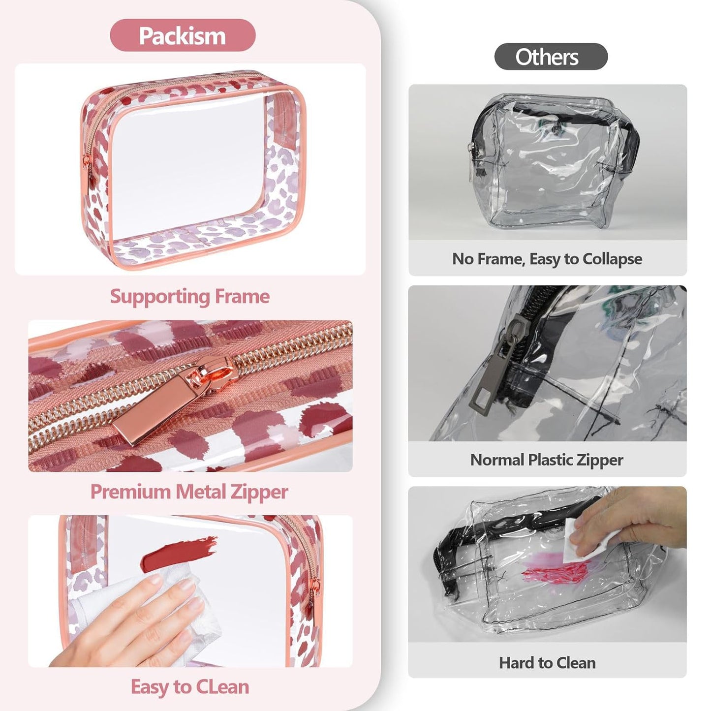 PACKISM TSA Approved Toiletry Bag - Rose Gold Leopard Print Clear Makeup Bag, Suitable for Gifts, with Supporting Frame, Perfect for Travel Essentials, Thick No Smell