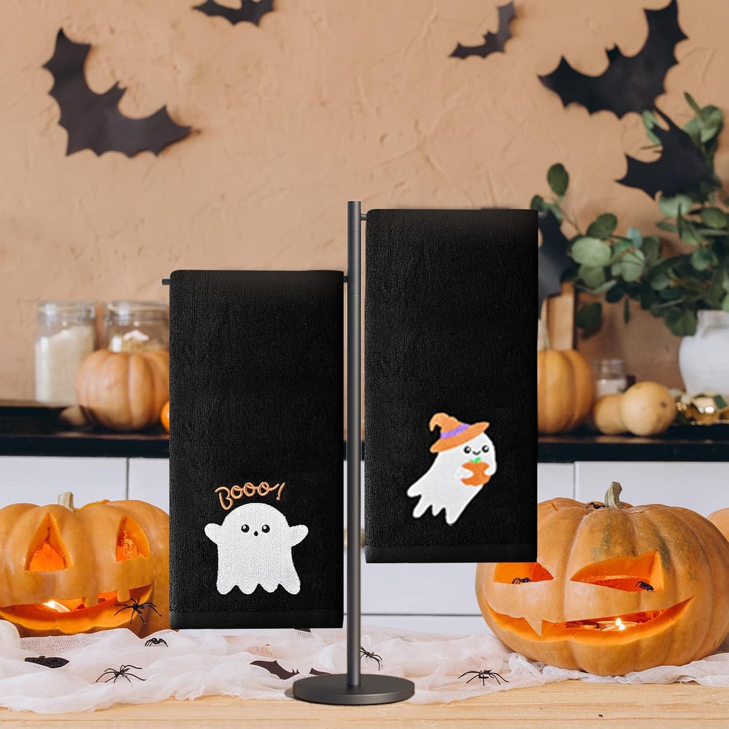 Halloween Cotton Hand Towels 2 Pack, Black Ghost Embroidered Autumn Towels Set, Decorative Bathroom Kitchen Holiday Accessories, 13.7 in × 29.5 in