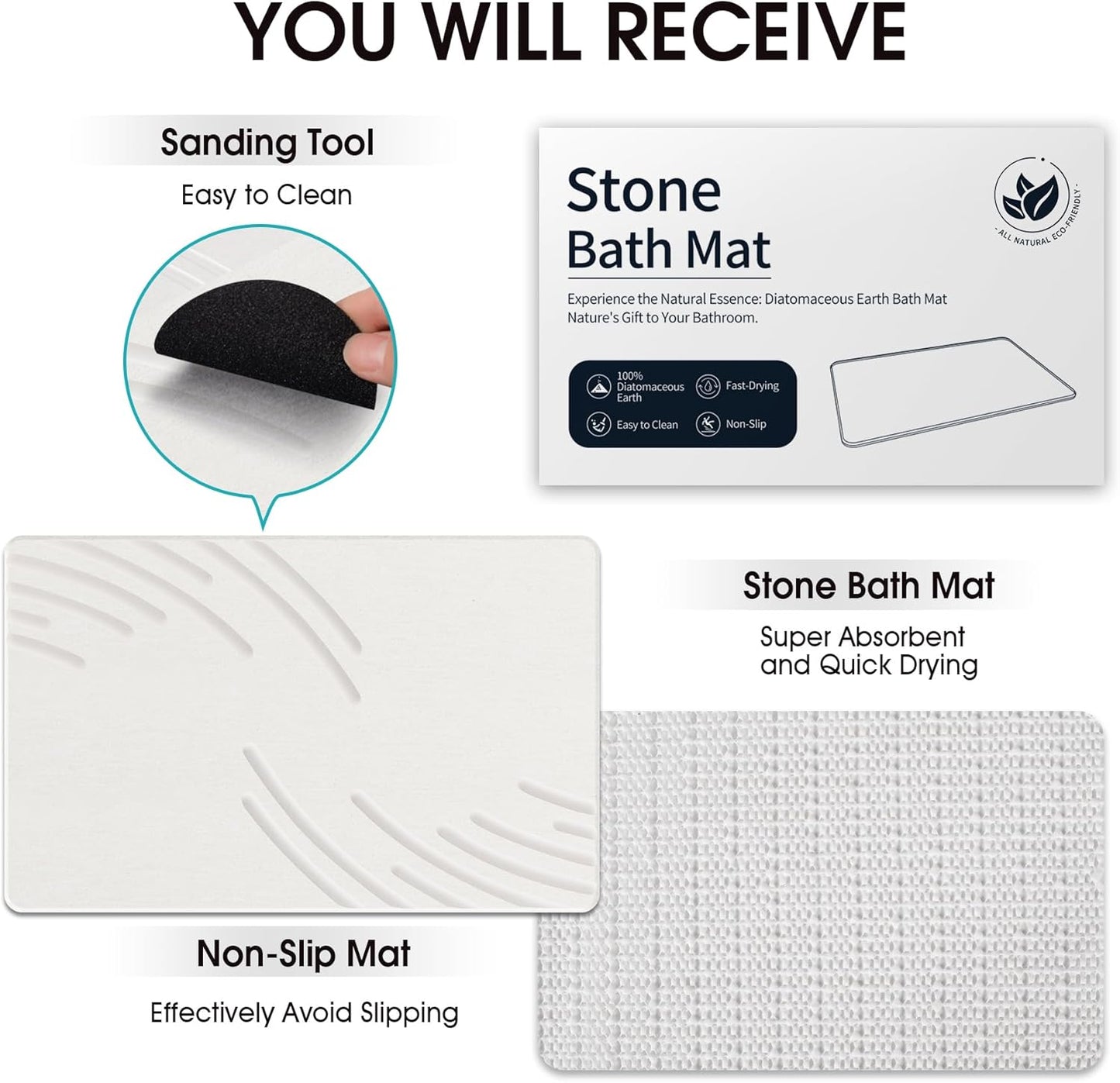 Stone Bath Mat Diatomaceous Earth Shower Mat Super Absorbent Non-Slip Diatomite Stone Bath Mats for Bathroom Floor Quick-Drying Natural Easy to Clean（24 * 16''）