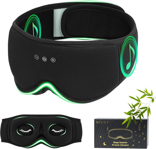 Bamboo Cotton Sleep Mask with Bluetooth Wireless Headphones - Blackout Eye Mask for Sleeping 3D Contoured Sleep Headband Ear Muffs Lengthen & Low Noise Hook for Better Experience (Black)