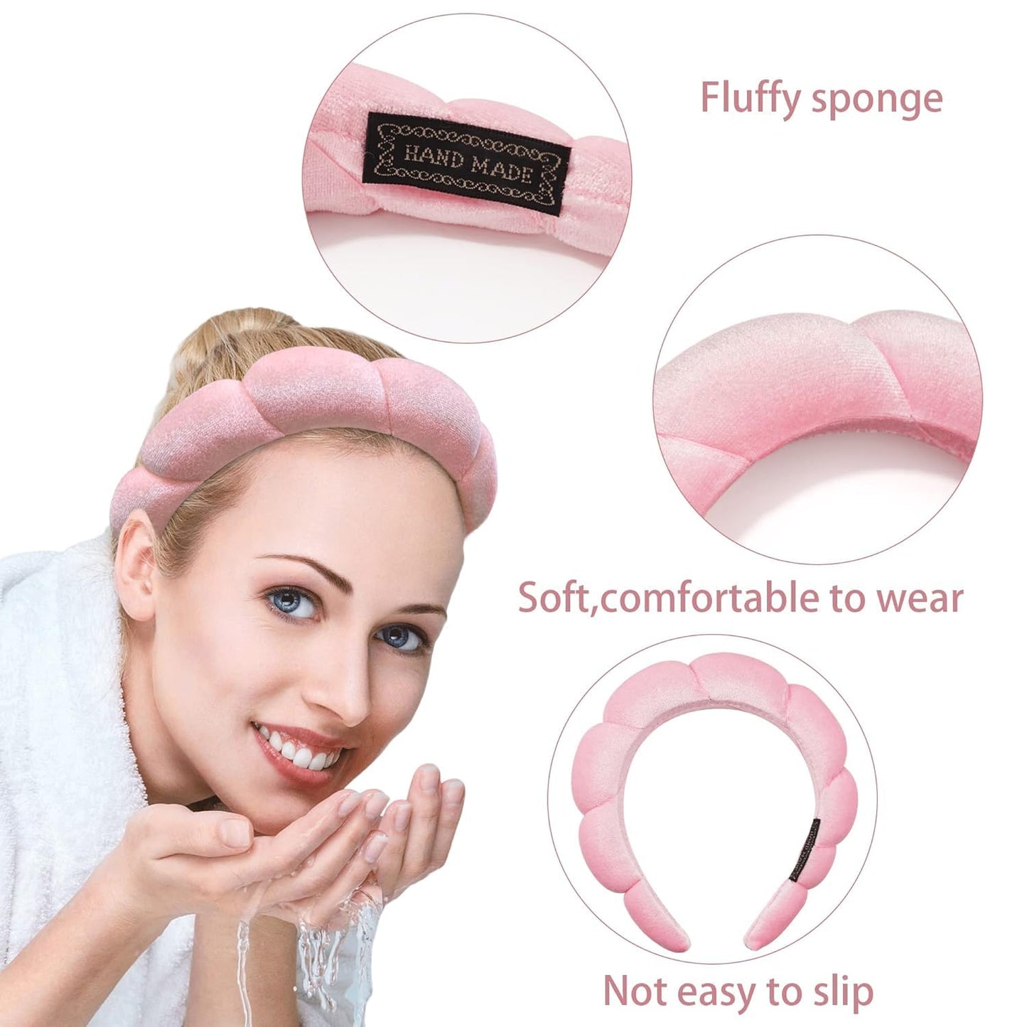 Ayesha Hairband, 2pcs Spa Headband for Women - Bubble Skincare Headband for Washing Face, Sponge Soft Hairband Skincare Makeup Headbands for Women Girls Shower, Pink & White
