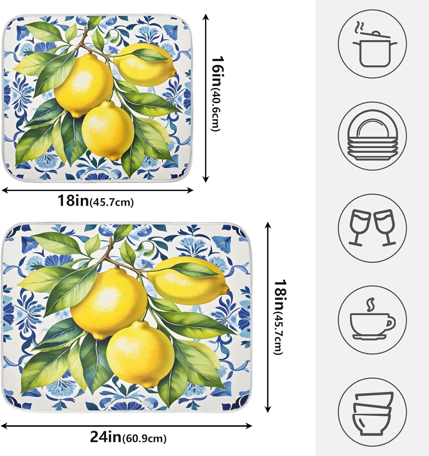Lemon Italian Tile Blue E Dish Drying Mats for Kitchen Counter, 18x24 inch Drying Dishes Absorbent Microfiber Dish Drainer Mat Rack Pad Fast Dry