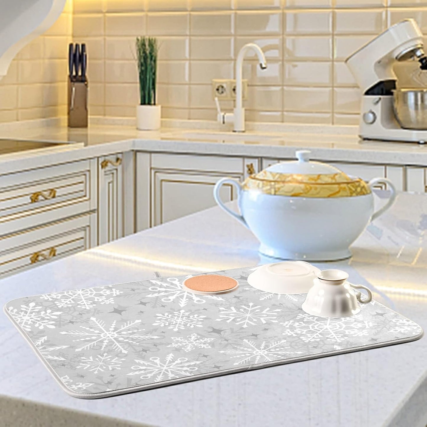 Dish Drying Mat for Kitchen Counter 18 x 16 Inch Christmas Silver Snowflake Microfiber Dish Mat Drying Pad Absorbent Dishes Pad Dish Drainer Rack Mats