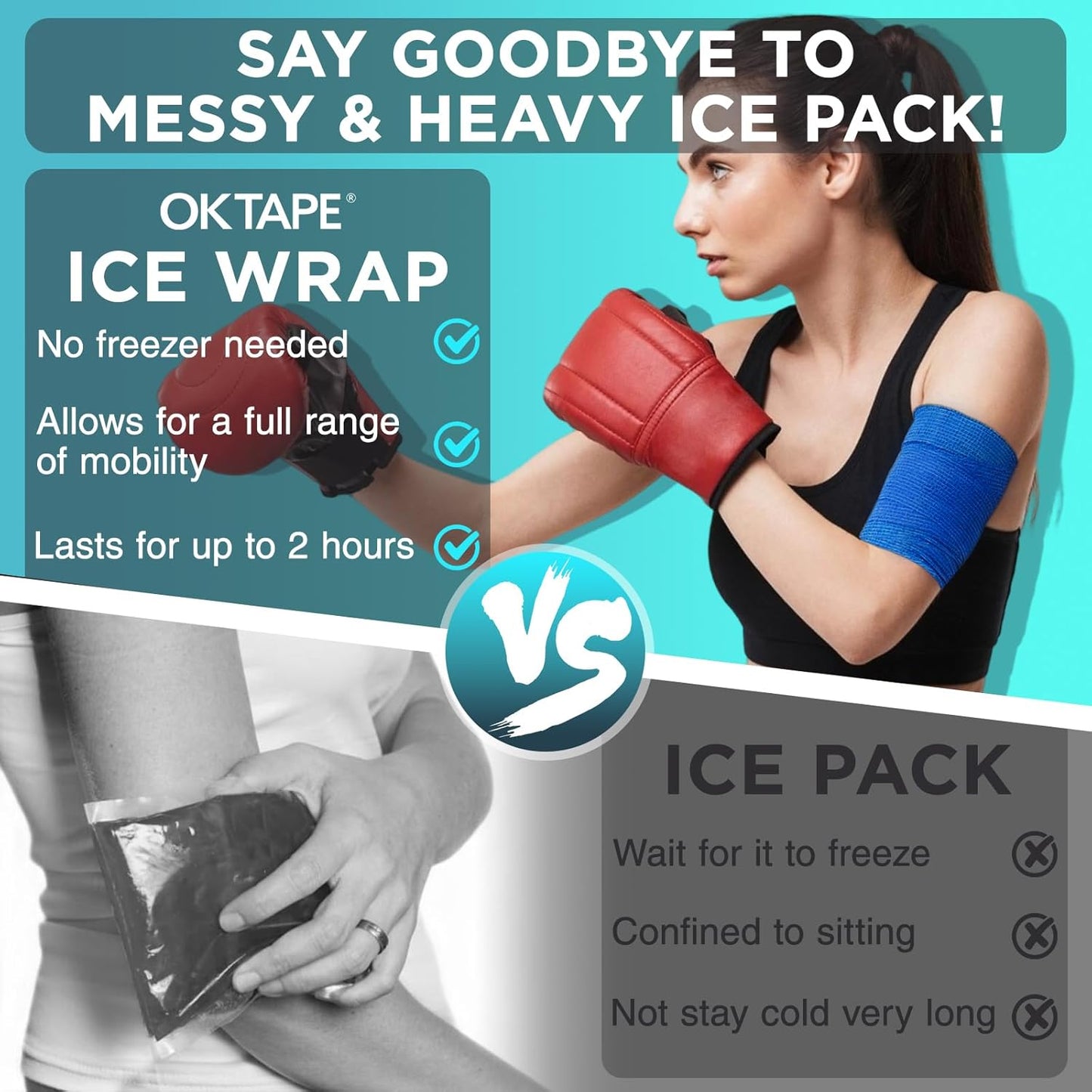 OK TAPE 2 Rolls Ice Self Stick Bandage Wrap, Instant Cold Relief for Knee, Ankle, Wrist, Cold Compress Elastic Athletic Tape for Sports Injuries, No Refrigeration Needed, 4 Inch Wide, Navy Blue