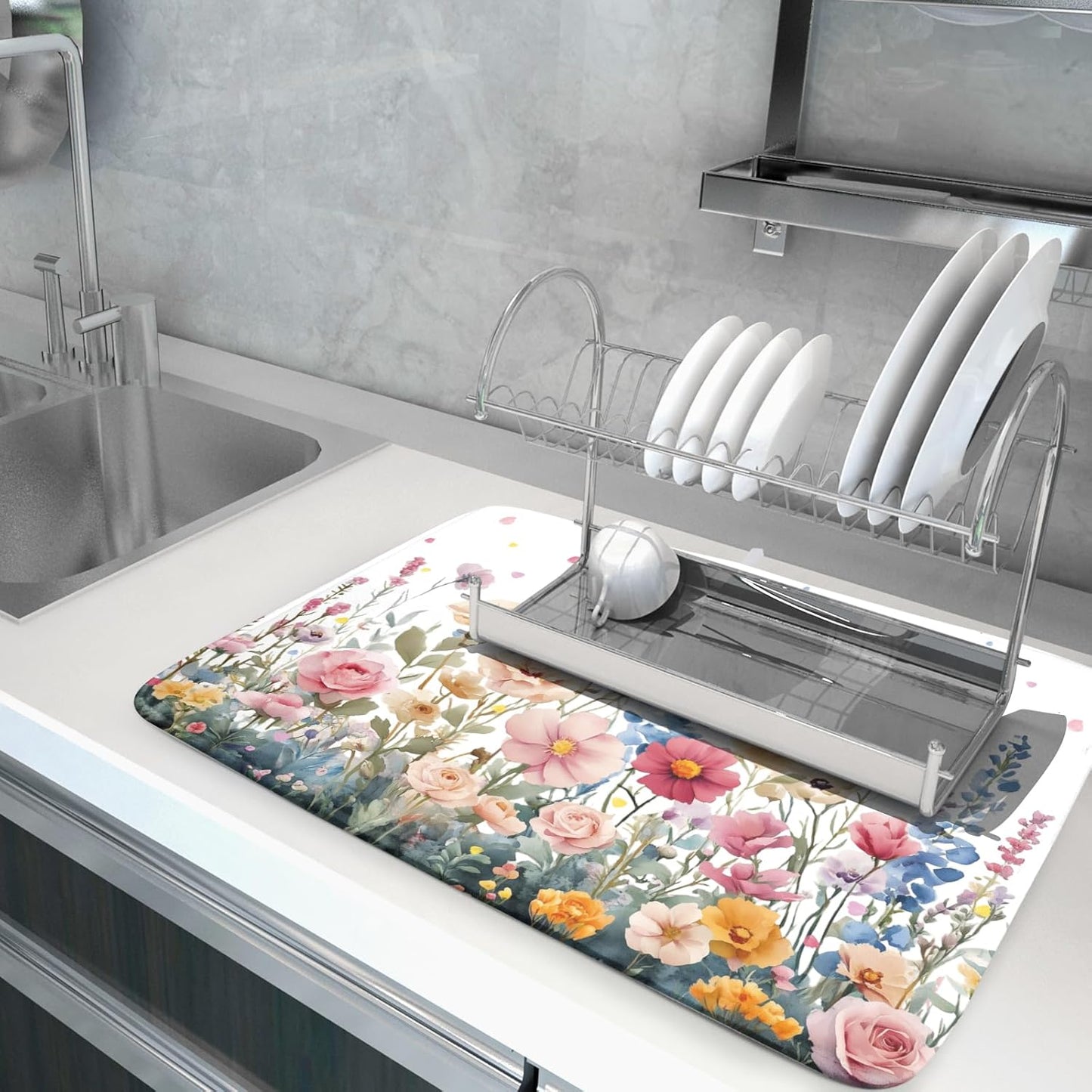 Colorful Flower Dish Drying Mat 18x24 Inch Botanical Floral Drainer Rack Mats Washable Absorbent Dish Dry Pad for Kitchen Counter Sink