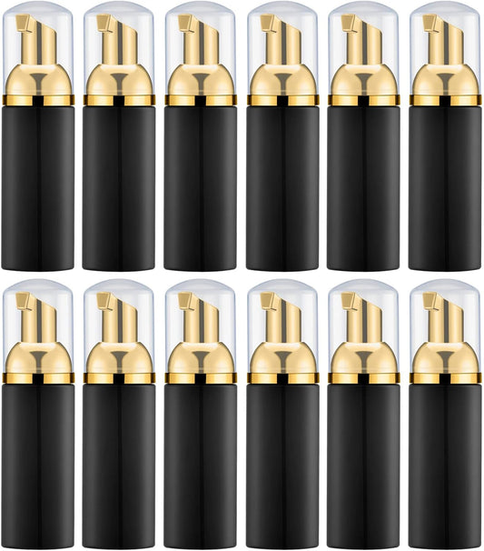Lil Ray 2 Oz Empty Black Foam Pump Bottle, Foamer Soap Dispenser for Lash Shampoo, Hand Soap, Foaming Cleaner(Gold Pump, 12 PCS)