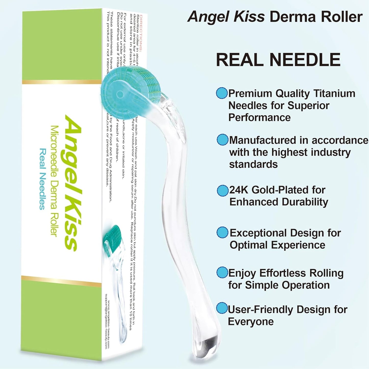 Derma Roller REAL NEEDLE for Face, Beard, Scalp & Body | Angel Kiss Upgraded 192 Titanium Microneedling Roller 0.3mm | At-Home Beauty Tool for Women & Men | Beard Roller & Skin Care Gift