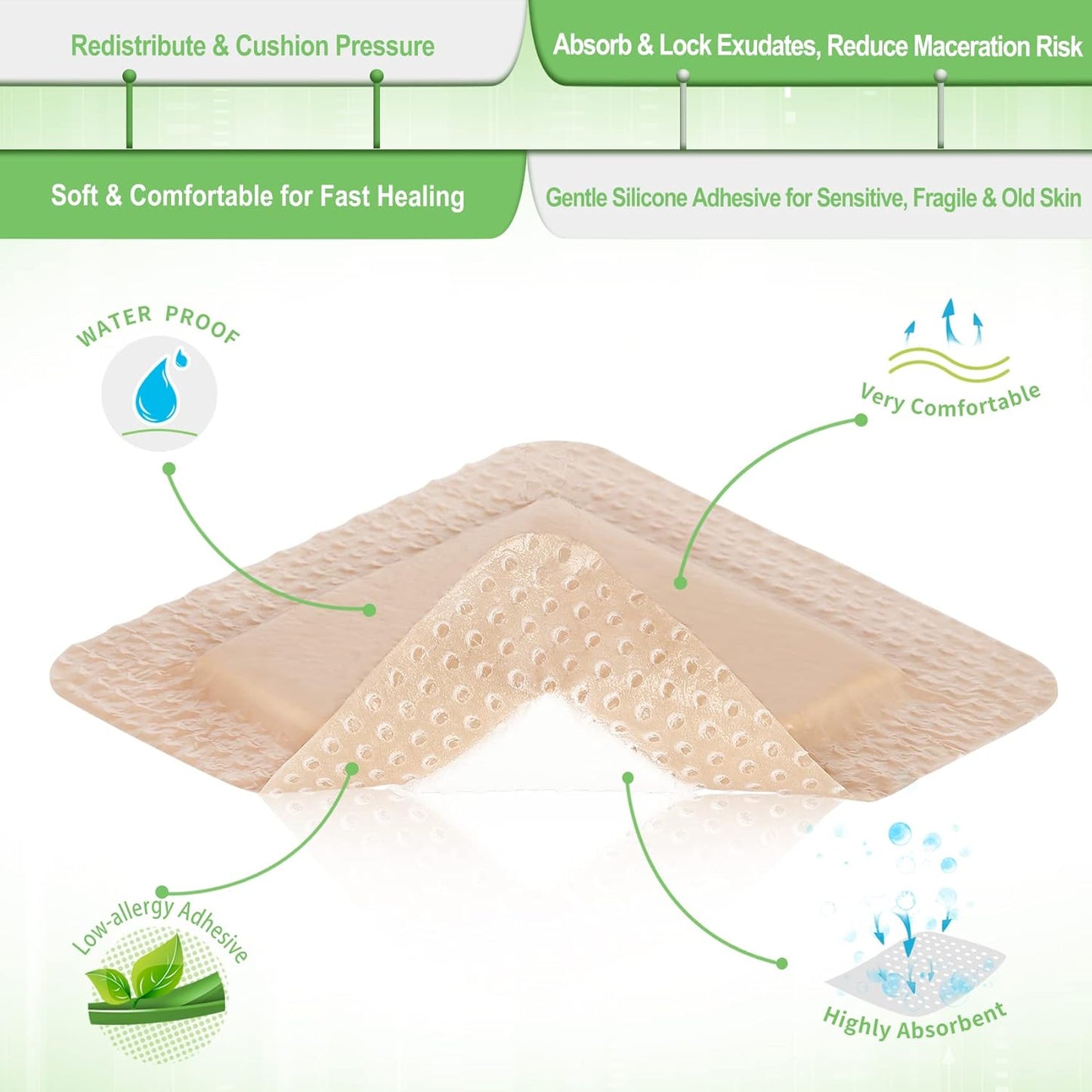 NeuHeils Silicone Adhesive Foam Dressing with Gentle Border 4''x4'' for Bed Sore Leg Ulcer 10 Pack, High Absorbency Waterproof Silicone Wound Bandage
