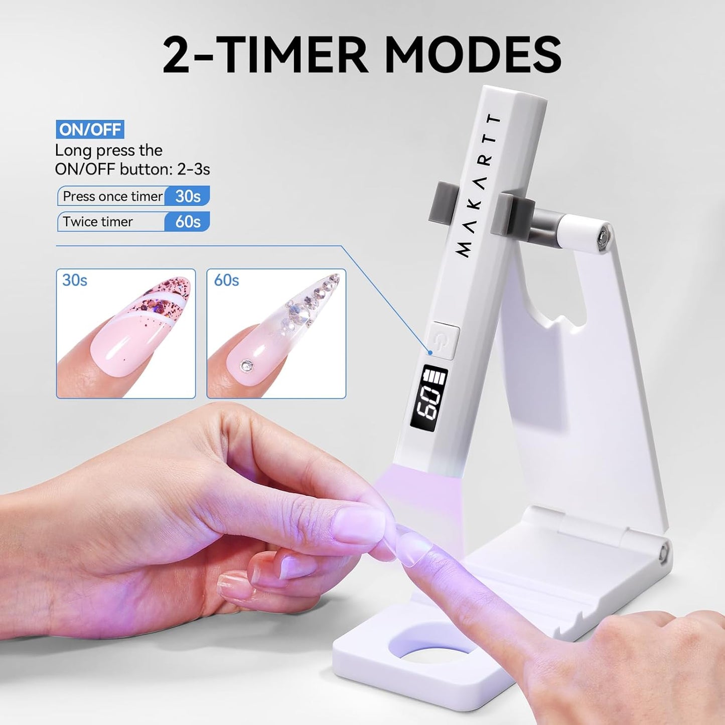 Makartt UV Nail Lamp with Stand – Handheld UV Light for Gel Nails for Nial Tips & Gel Polish, USB Rechargeable Fast Curing Flash Cure Lamp with LCD & 2 Timers for DIY Home or Salon