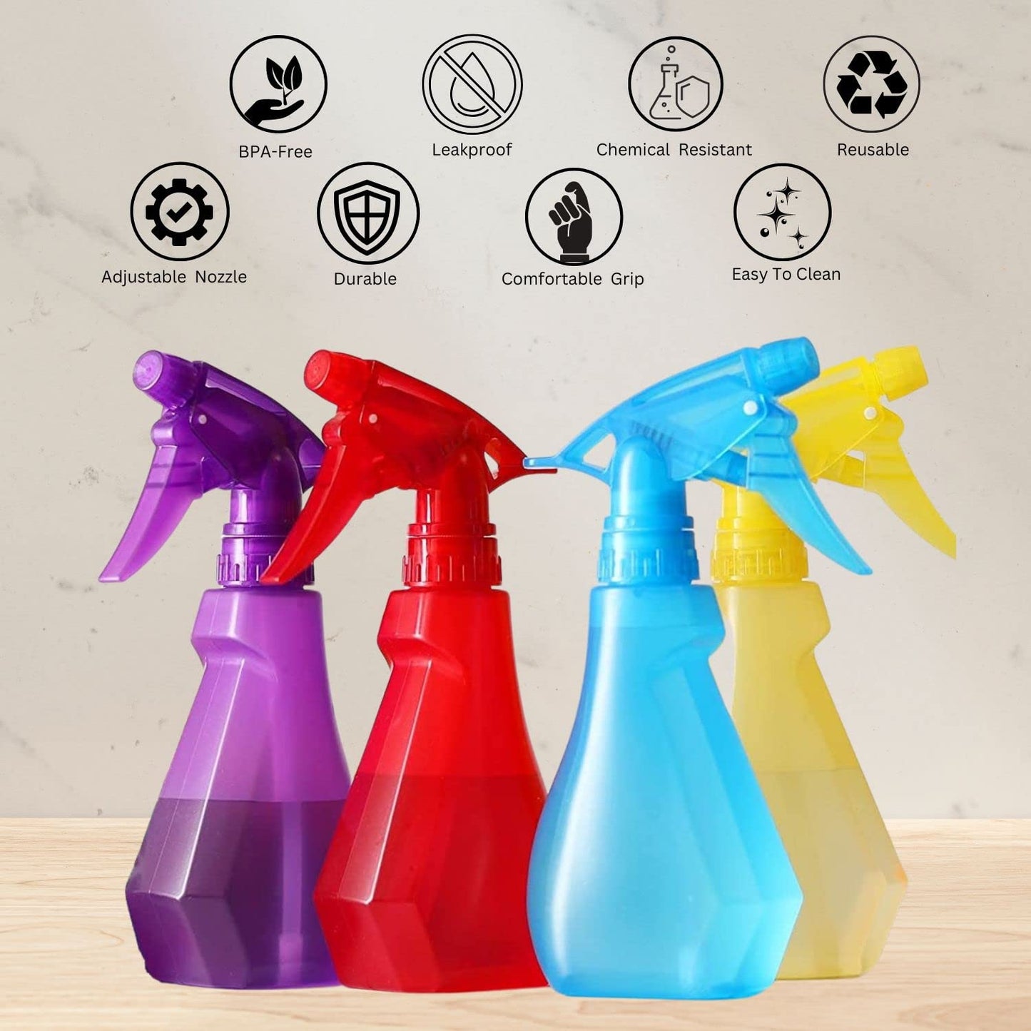 DilaBee (4-Pack, 8oz Plastic Empty Spray Bottles for Cleaning Solutions, Plants, Cooking, BBQ. Small Spray Bottle for Hair, Plant Mister, Mini Squirt Bottle for Cat - Food-Grade BPA-Free - Multicolor