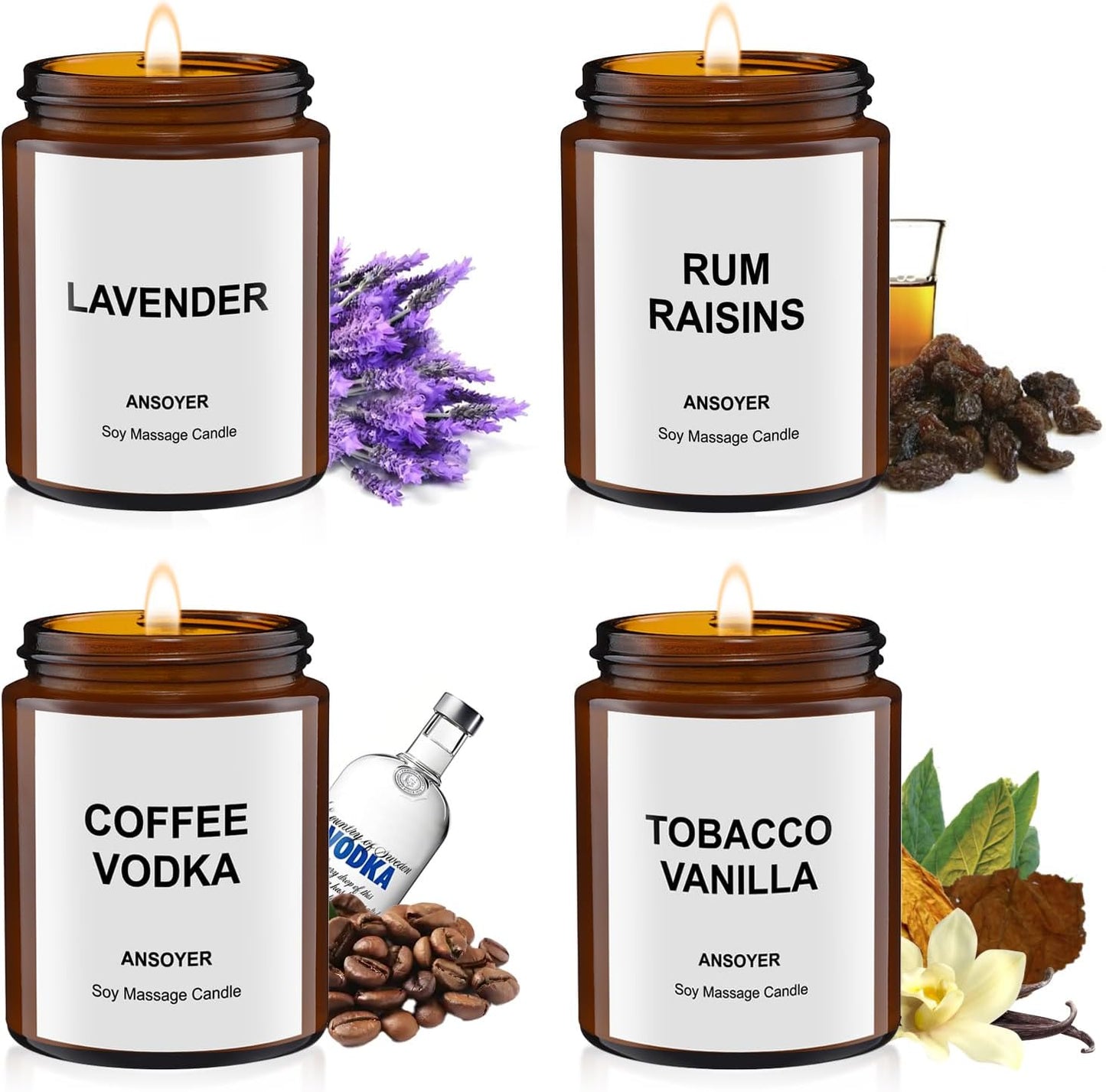 4PCS Massage Candles for Massage Therapy -Soy +Hemp Seed Oil, Body Oil Lotion Candle- Gift Set-18.08OZ (Lavender, Rum Raisins, Coffee Vodka, Tobacco Vanilla)