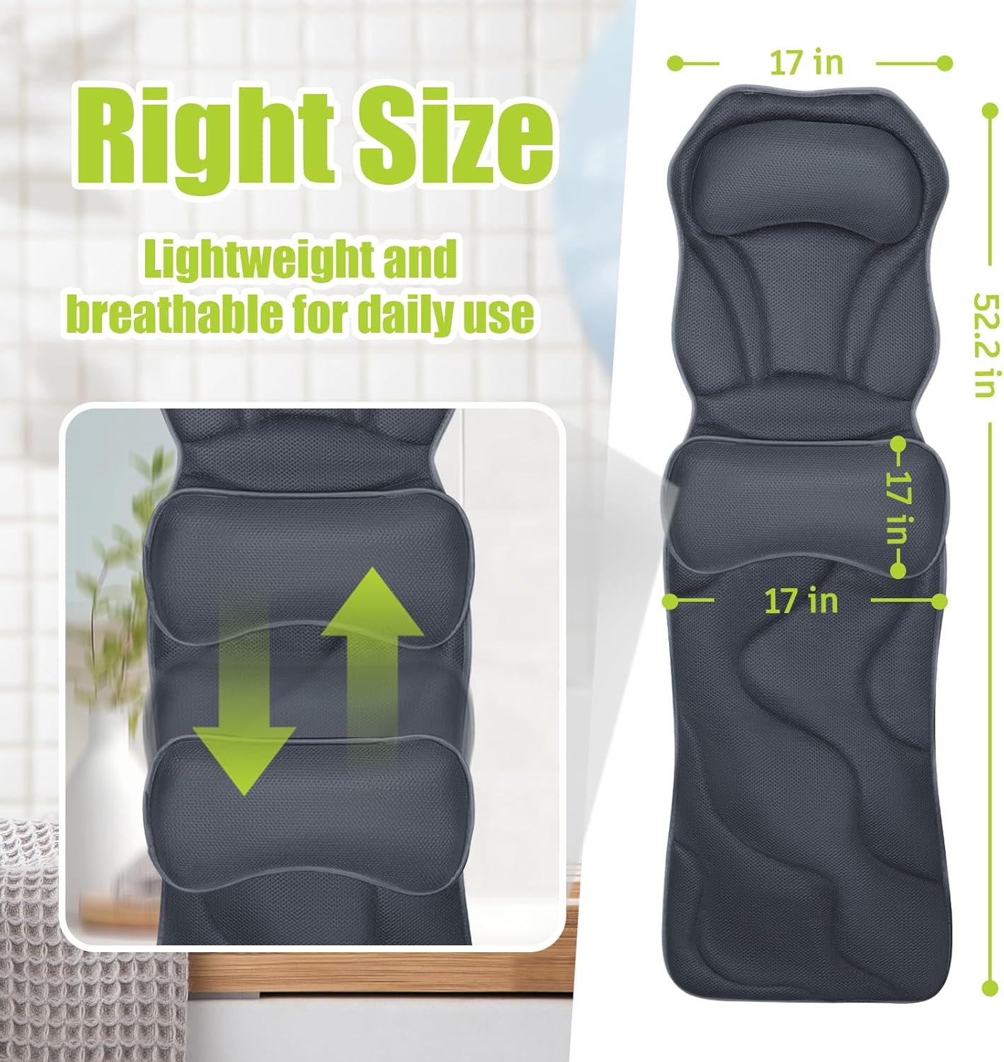 Full Body Bath Pillow for Tub - Extra Long & Thick Tub Pillow with Head, Back & Lumbar Support, 168 Non-Slip Suction Cups, Soft 5D Mesh Spa Cushion, Fits All Tubs-Gift for Soaking(Gray)