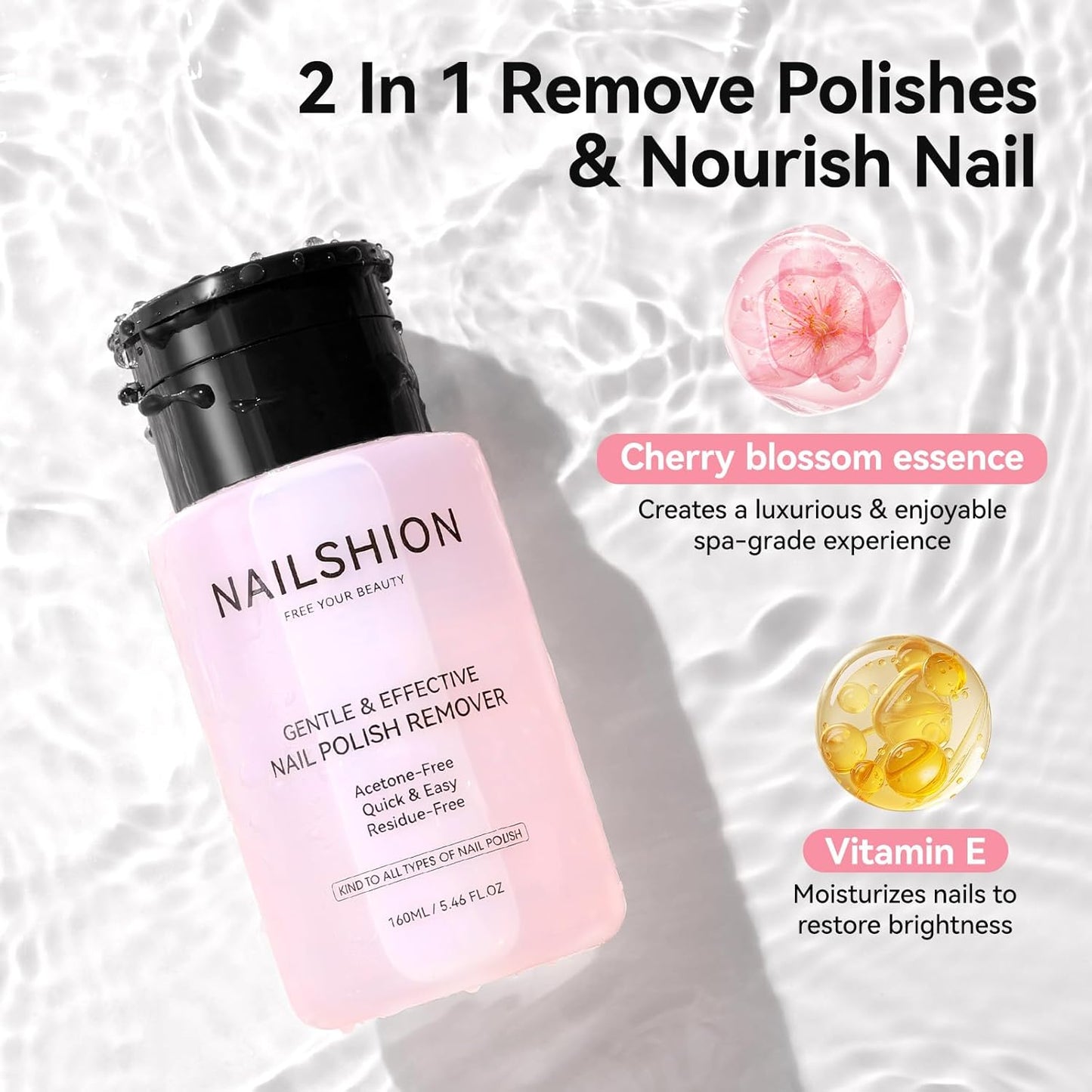 Nail Polish Remover, Non-acetone, 5s Quick Remove Regular Nail Polishes, Healthy Gentle Fingernail Polish Remover Built-in Pump, 5.46 Fl oz Cherry Blossom Scent, VE Formula No Drying Out