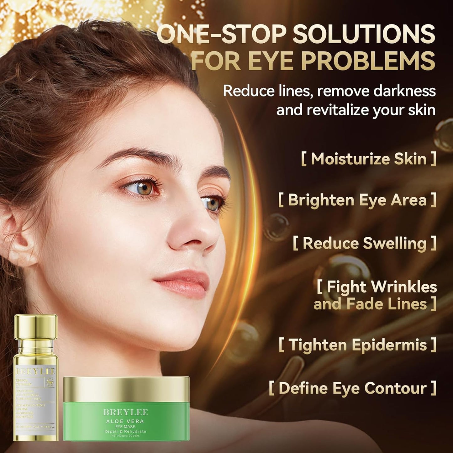 BREYLEE Renewal Care Kit with Aloe Vera Eye Masks – 60 Pcs & Renewing Serum, Under Eye Patches For Puffy Eyes,Hydrates, Improves And Firms The Eye Area, Suitable For Both Women And Men