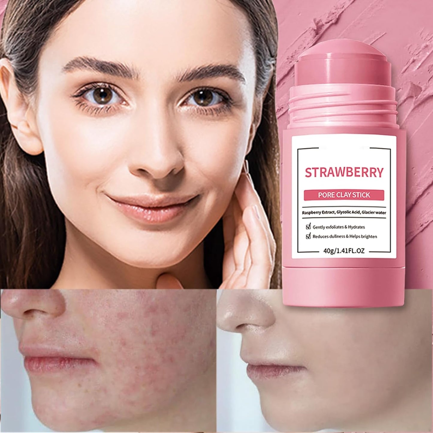 Clay Mask Stick, Deep pore Cleansing, Exfoliator Blackhead Remover Pore Cleanser Gentle Exfoliation Skin Brightening, Hydrating & Moisturizing Face Mud Mask for All Skin Types, Men & Women (Pink)