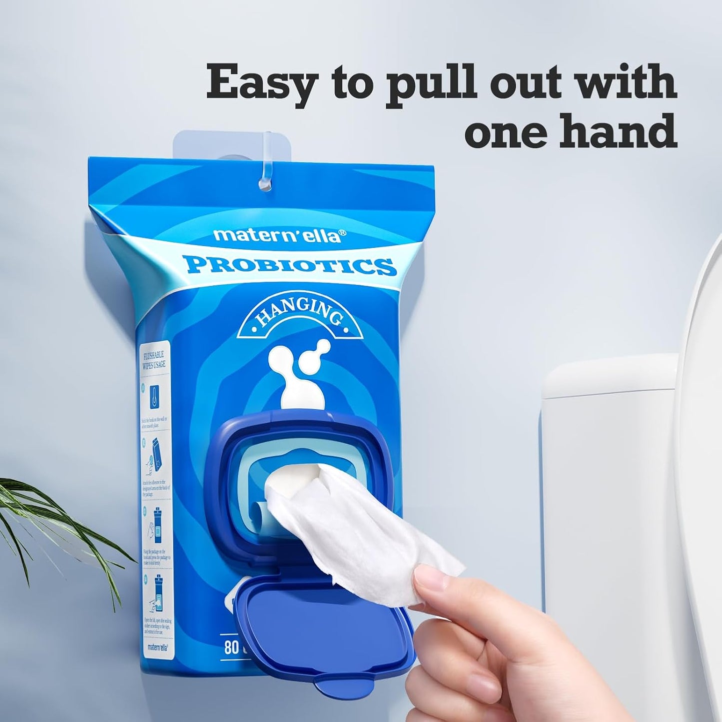 matern'ella Hanging Flushable Wipes Unscented Extra Large Corner-Connected Wet Wipes Adult Plant Based Fibers with Probiotics Alcohol Free Sewer Safe Butt Wipes Travel 8 Packs 640 Wipes