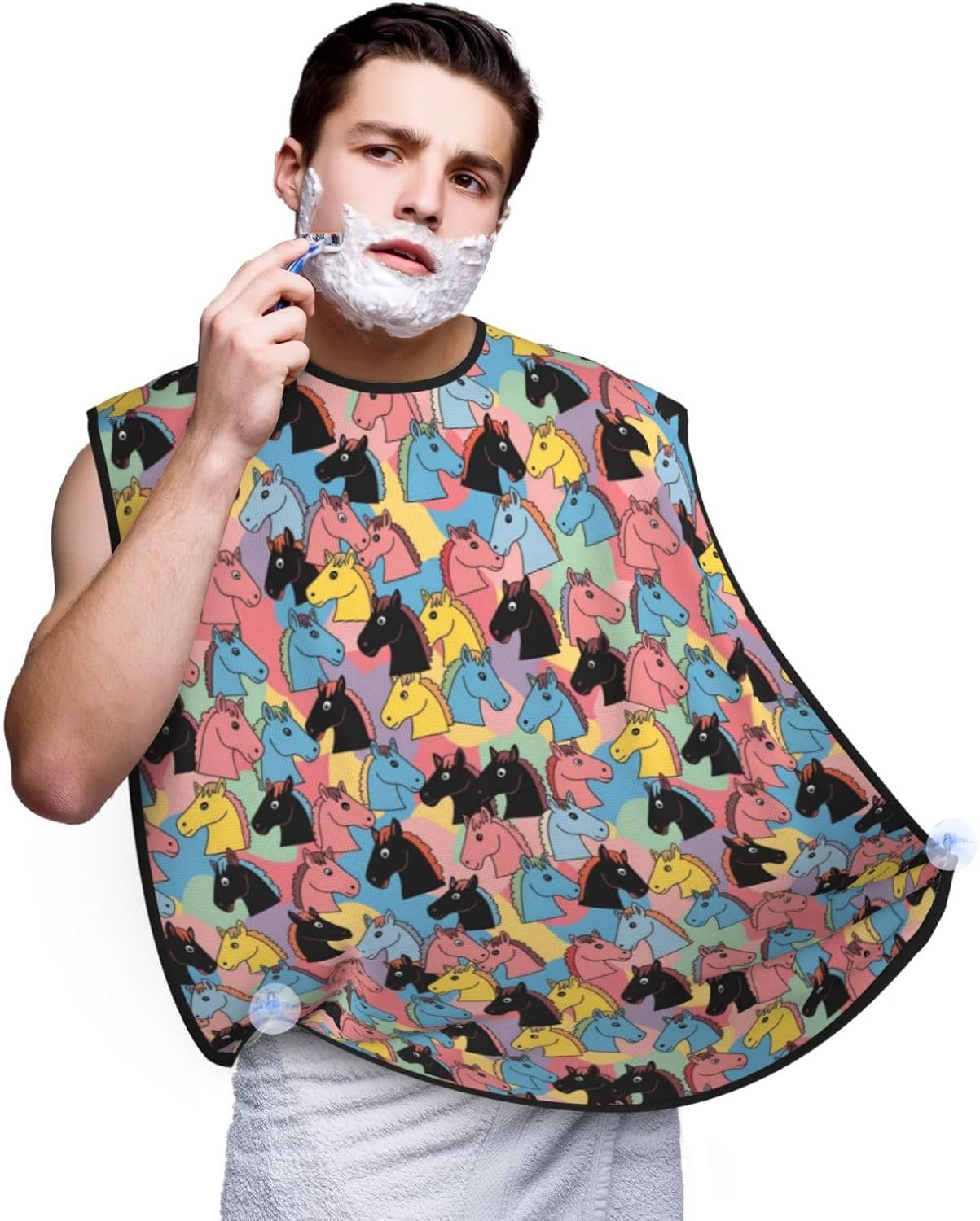 Beard Bib Apron for Men Shaving, Waterproof Non-Stick Hair Catcher with Suction Cups, Grooming Essential for Dad Husband, Colourful Cartoon Horses Shave Bib