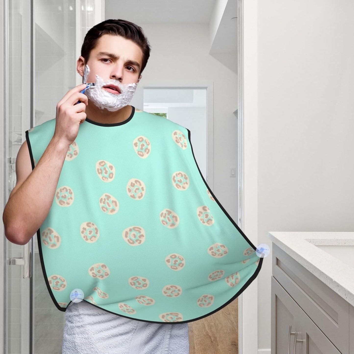 Beard Trimming Hair Catcher, Blue Mint Green Gold Leopard Print Shave Bib, Non-Stick Bib Apron Waterproof, Shaving Tool for Men for Husband Father’s Day