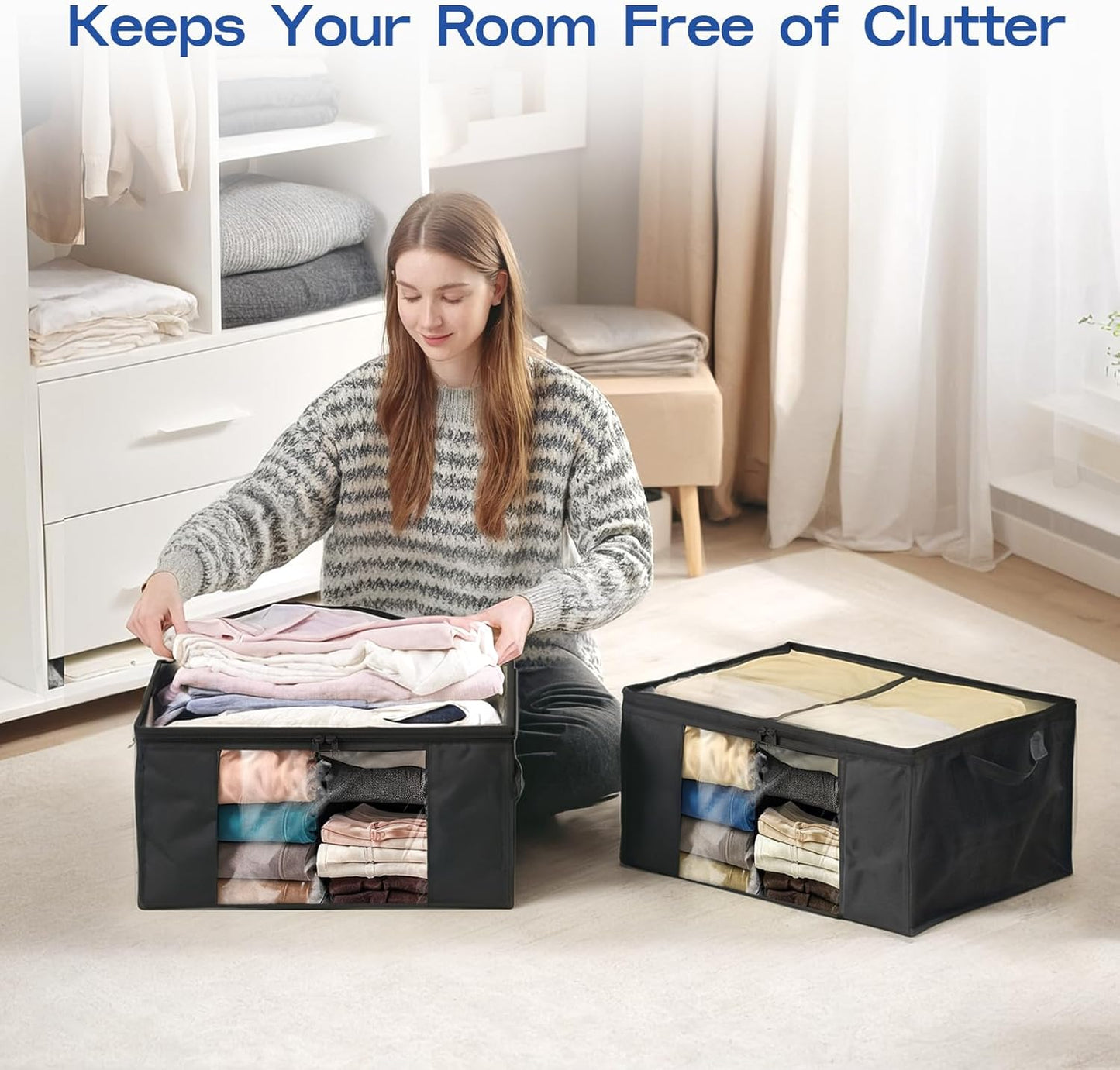 Clothes Storage Bags, Foldable Thick Fabric Blanket Storage Bags, Large Clear Window & Carry Handles, Great for Clothes, Blankets, Closets, Pillows, Toys (Black, 6PACK)