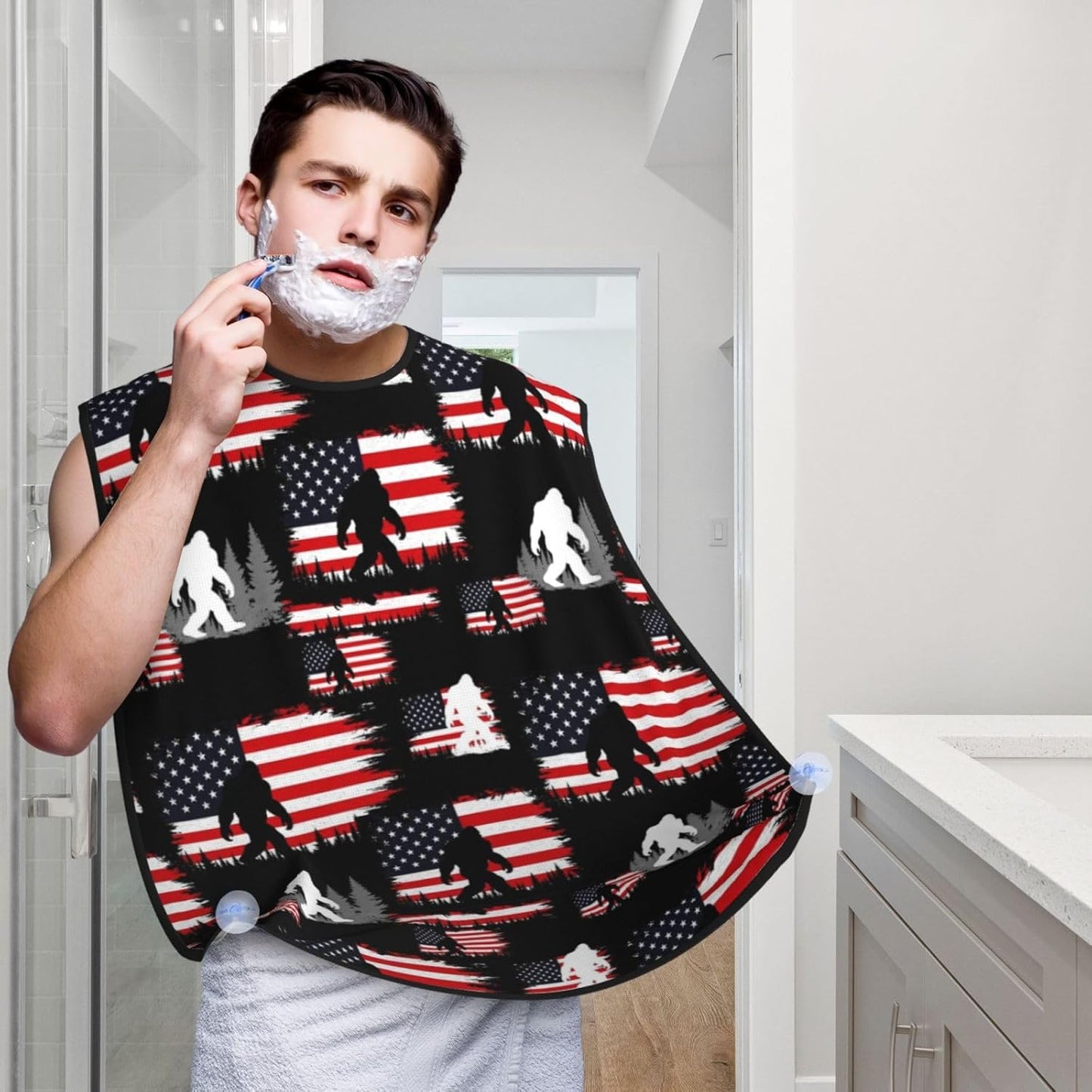 Adjustable Non-Stick Beard Apron, Hair Catcher Cape for Shaving Grooming, Waterproof with Suction Cups Men, Sasquatch USA American Flag Shave Bib
