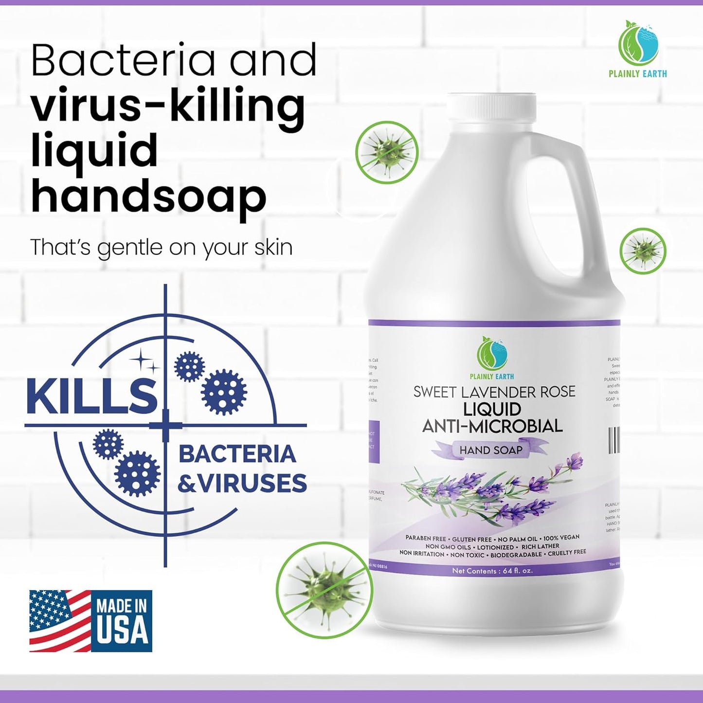 AntiMicrobial Hand Soap 64 oz - Soft and Gentle Sweet Lavender Rose Antibacterial Hand Wash Soap, Long Lasting Freshness & Safe for Skin - Eco Friendly Bulk Refill Packaging