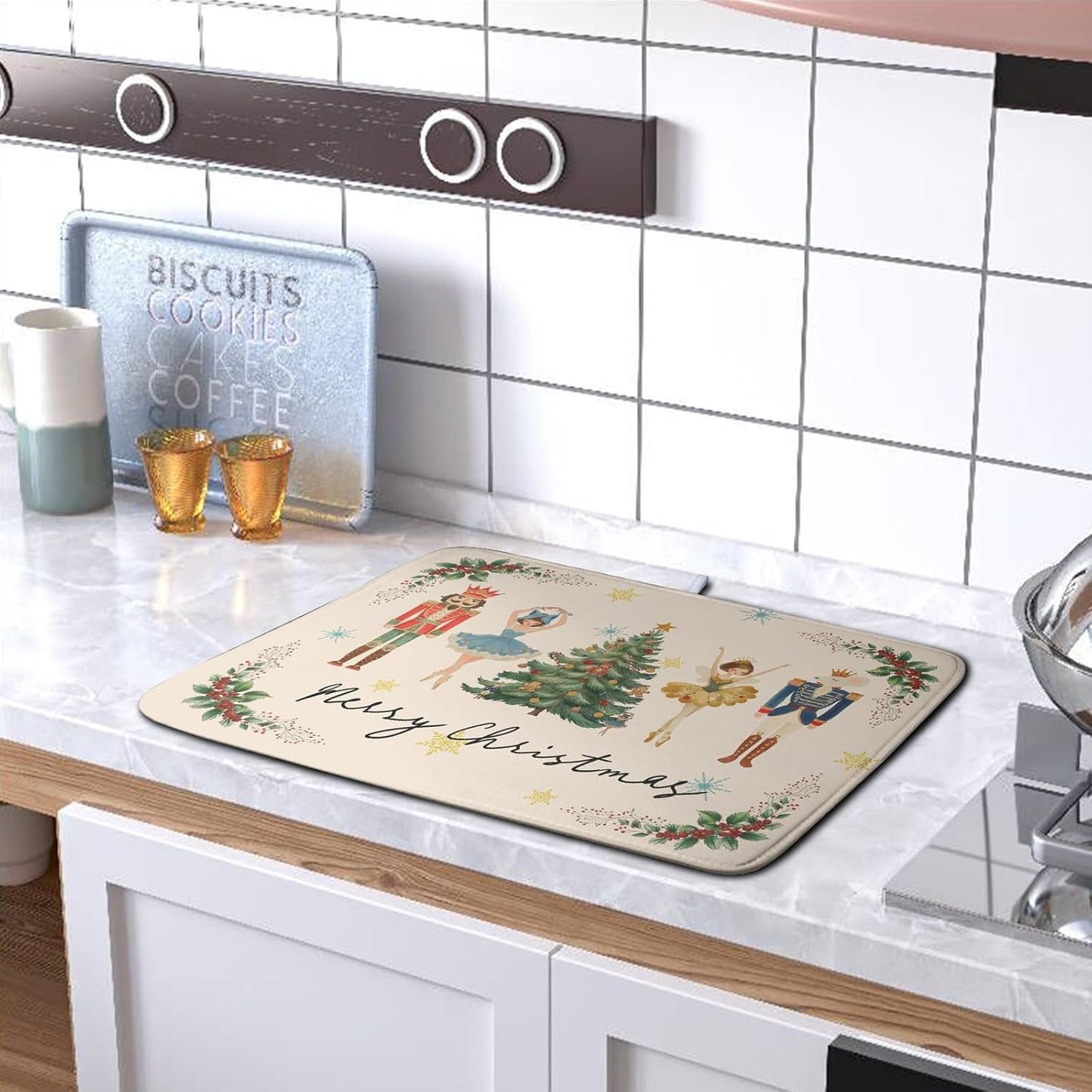 Merry Christmas Nutcracker Dish Drying Mat for Kitchen Counter 16x18 Inch Winter Xmas Tree Snowflakes Drying Mats Microfiber Absorbent Dish Drainer Washable Dish Rack Pad for Sink Coffee Bar