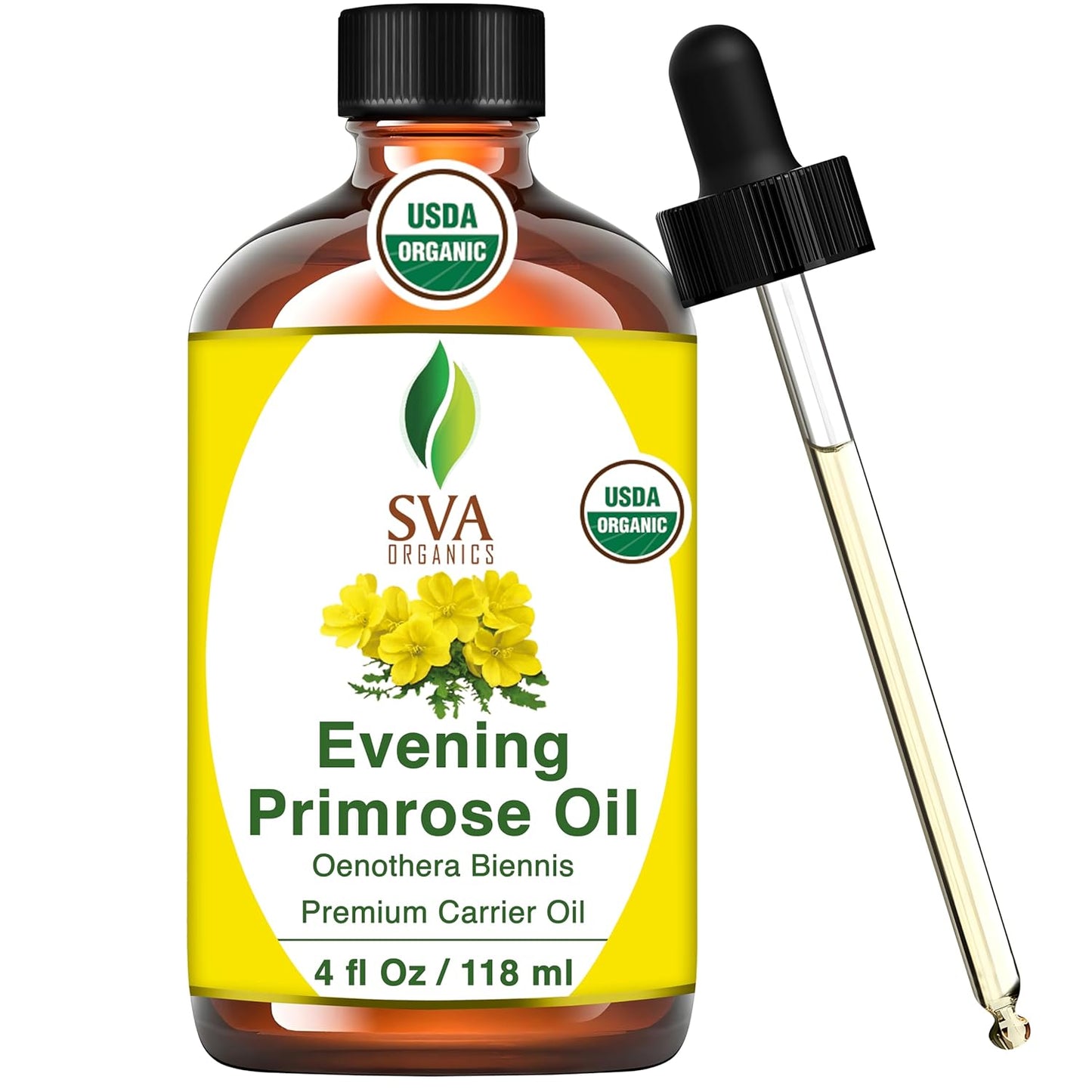 SVA Evening Primrose Oil Organic - 4 Fl Oz – 100% Natural Cold Pressed Organic Evening Primrose Oil - for Face, Skin Care, Hair Care, Scalp Massage & Body Massage – Carrier Oil with Dropper