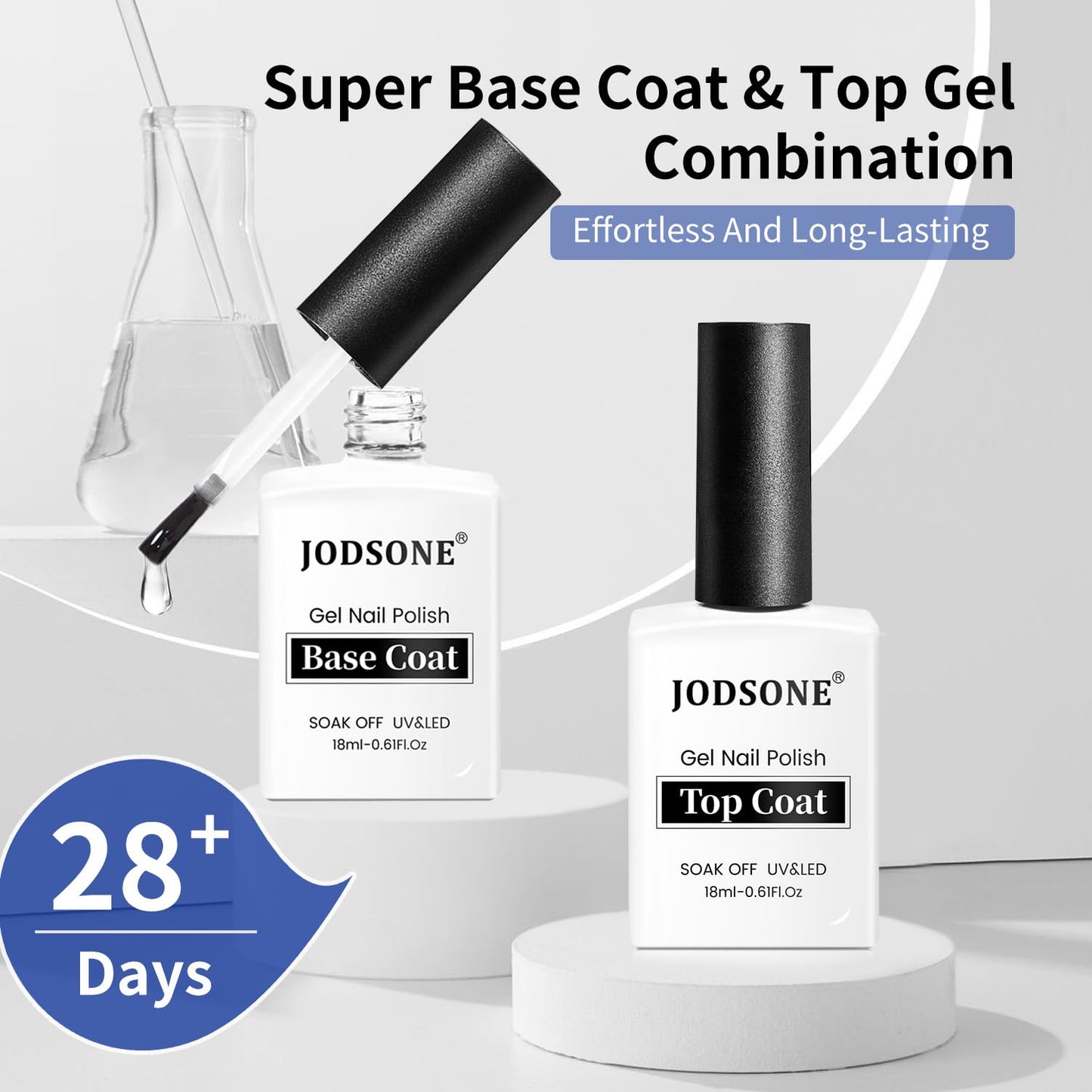 JODSONE 2 Bottles 18ml Top Coat Base Coat Gel Polish Set Compatible for Nail Salon Bright Surface, Girl Gift and At Home DIY Need U V Lamp Curing
