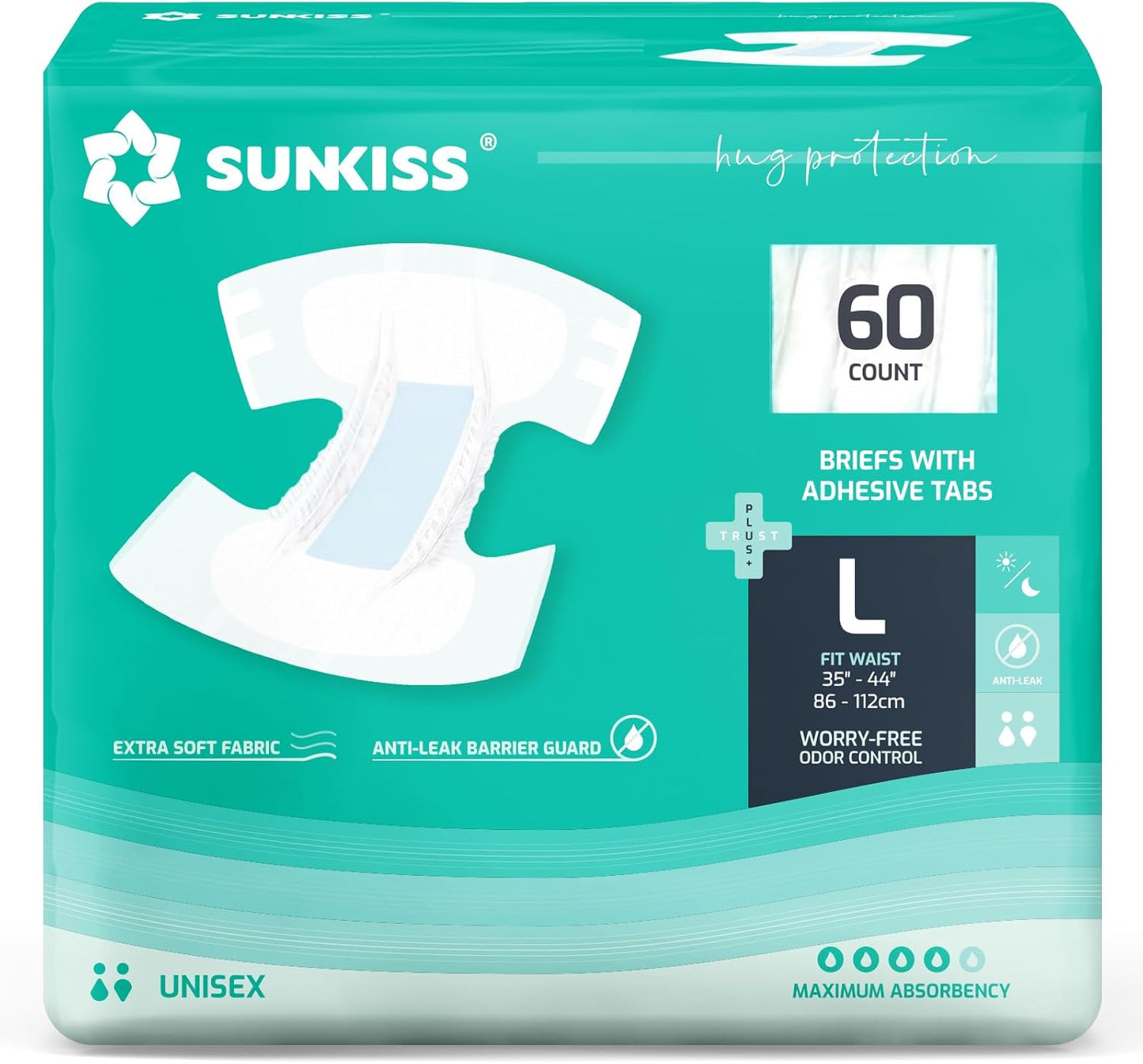 SUNKISS TrustPlus Adult Diapers with Maximum Absorbency, Disposable Incontinence Briefs with Tabs for Men and Women, Large, 60 Count (4 Packs of 15)