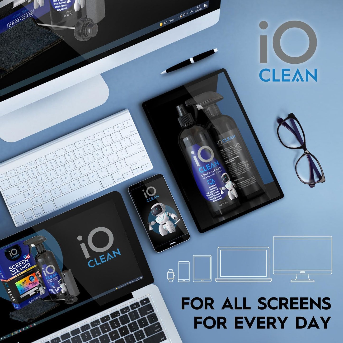 Screen Cleaner Spray (16oz - 473ml) – Best Large Cleaning Kit for LCD LED OLED TV, Smartphone, iPad, Laptop, Touchscreen, Computer Monitor, Electronic Devices, 3 Microfiber Cloths and 2 Nozzles