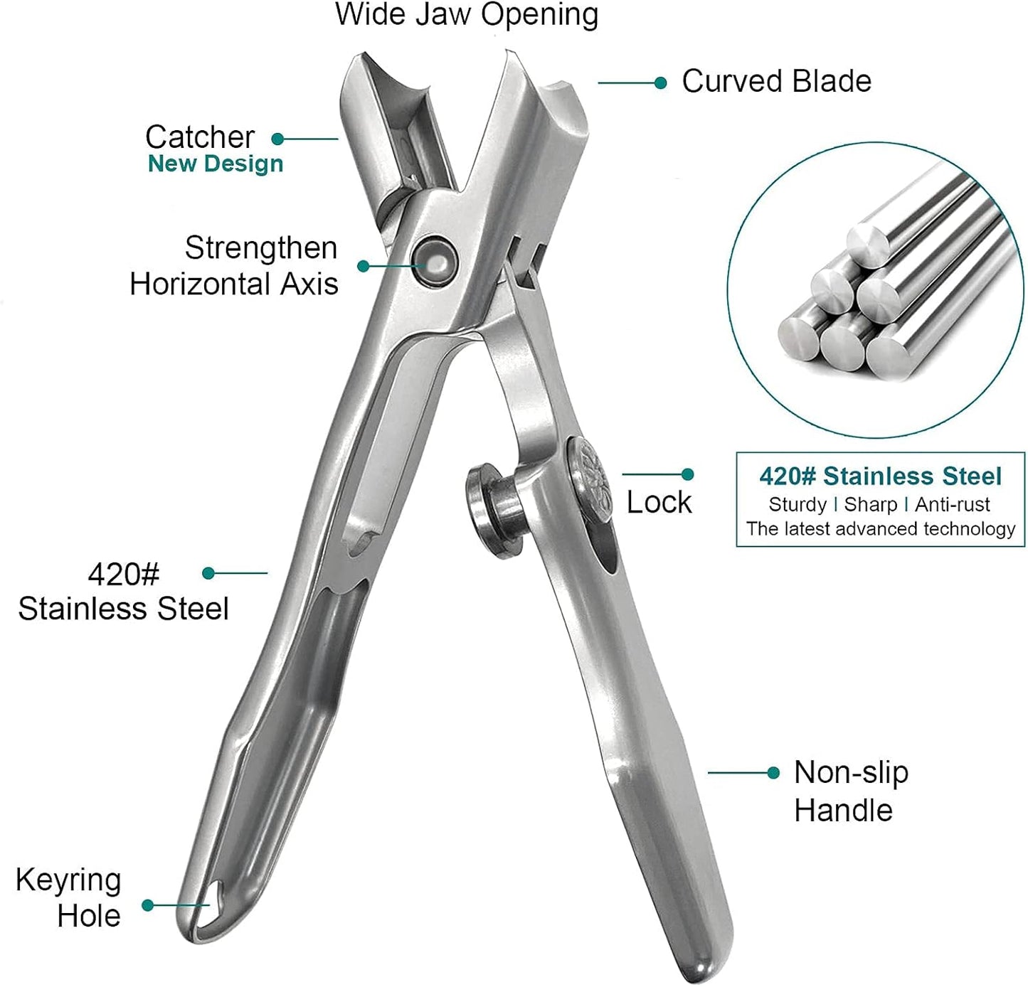 Nail Clippers for Men Thick Nails, Large Wide Jaw Opening Long Handle Heavy Duty Ultra Sharp Toe Nail Clippers with Catcher for Seniors,Adult,Women (Silver with File)