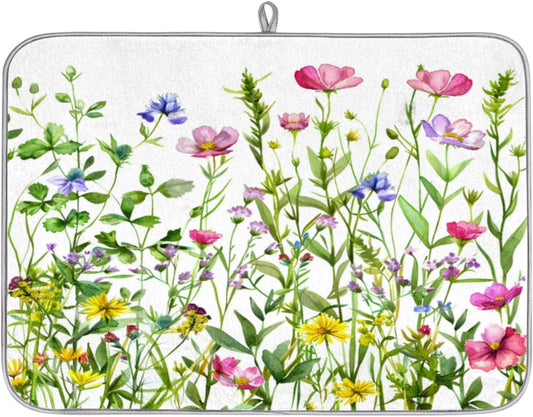 Hexteria Colorful Flowers Dish Drying Mats for Kitchen Counter 16 X 18 Inch Spring Floral Microfiber Dish Mat, Dish Drainer Mats for Countertops, Wildflower