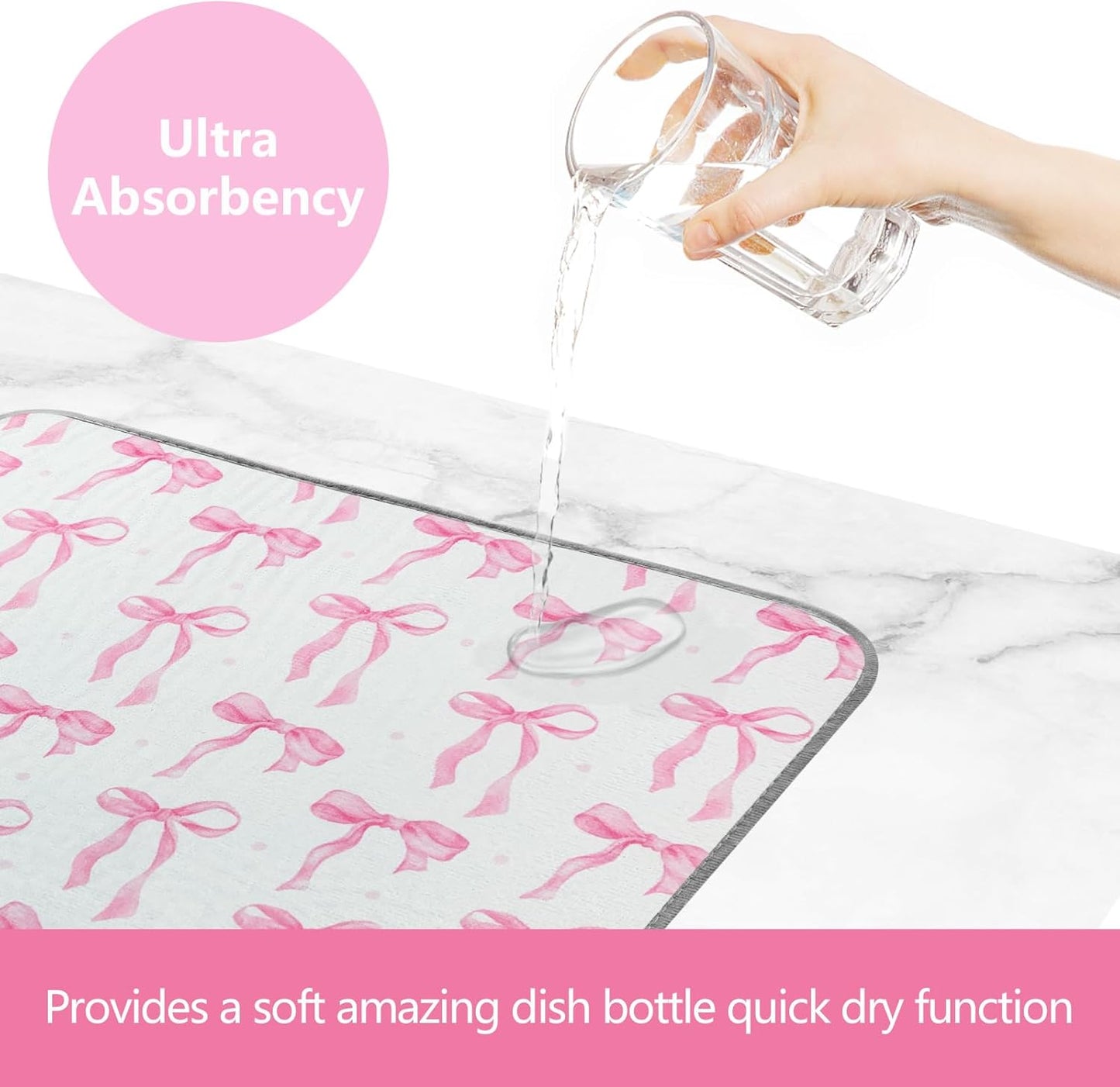SHIYUE Dish Drying Mat for Kitchen Counter Super Absorbent Spring Kitchen Decor Microfiber Drying Matainers Rack Fast Pad Dish Drainer Mats(Pink Bow,18''x24'')