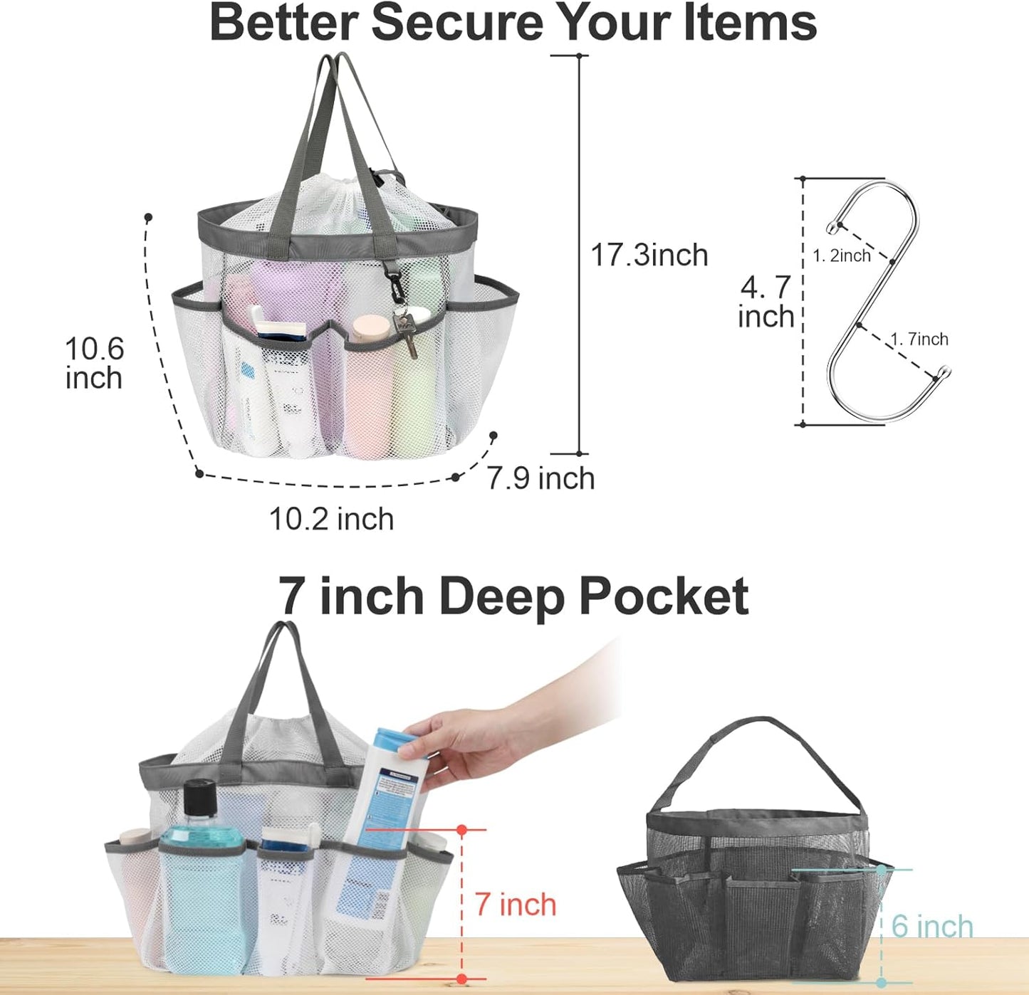 F-color Mesh Shower Caddy Portable with Drawstring - Upgrade Deeper 7 Pockets Dorm Room Essentials for Guys Girls with S Hook, Shower Bag Basket Tote for College Camping Toiletry Bathroom, White