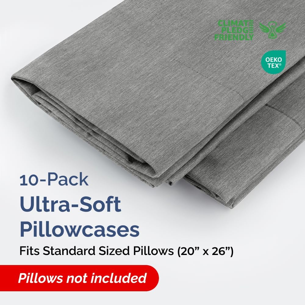 Standard Pillow Cases Set of 10 - Ultra Soft Hotel Quality Pillowcase Covers - Comfy & Wrinkle Free - Shrink, Stain & Fade Resistant - Machine Washable Pillow Protectors - 10 Pcs Set - Heathered Grey