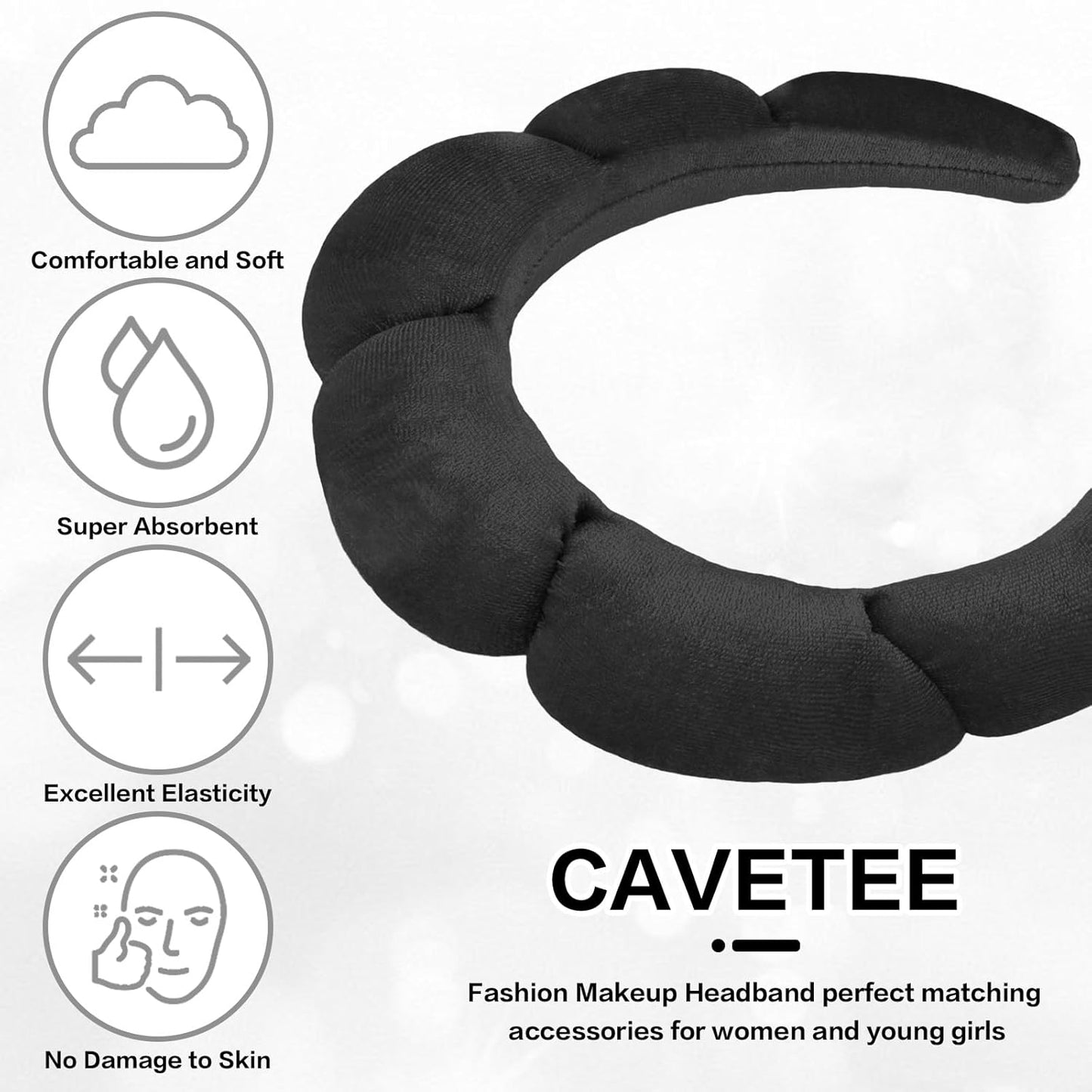 CAVETEE Spa Headband for Washing Face, Sink Care Headband for Women Sponge Bubble Makeup Head band for Women, Soft Velour Hair Accessoriesfor Girls (Black, one size)