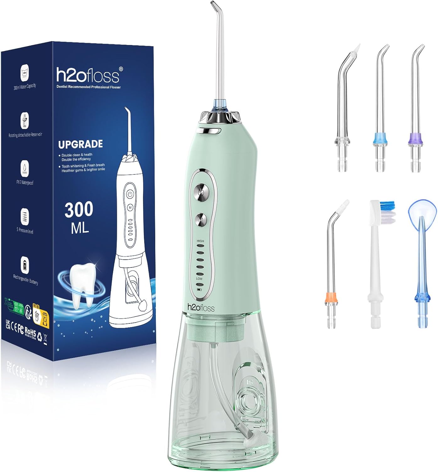 H2ofloss Water Dental Flosser Teeth Pick: Portable Cordless Oral Irrigator with 5 Modes, 300ML Rechargeable Travel Irrigation Cleaner IPX7 Waterproof Electric Flossing Machine for Teeth Cleaning Green