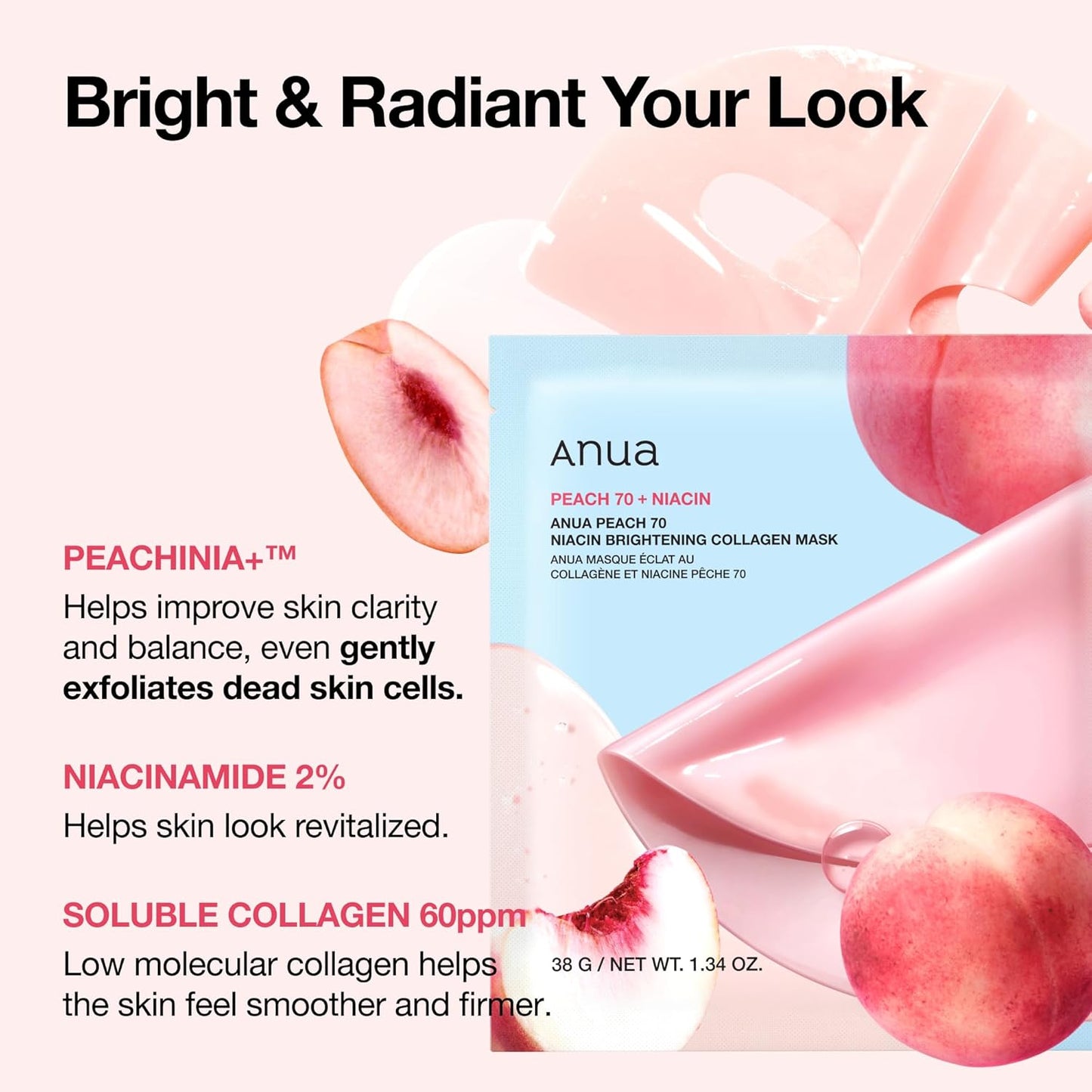 ANUA Peach 70 Niacin Brightening Collagen Mask, Overnight Face Mask for Glass Skin, Niacinamide, Collagen Facial Mask, Glow up with Hydration, Natural Color, Korean Skin Care (38g, 4ea)